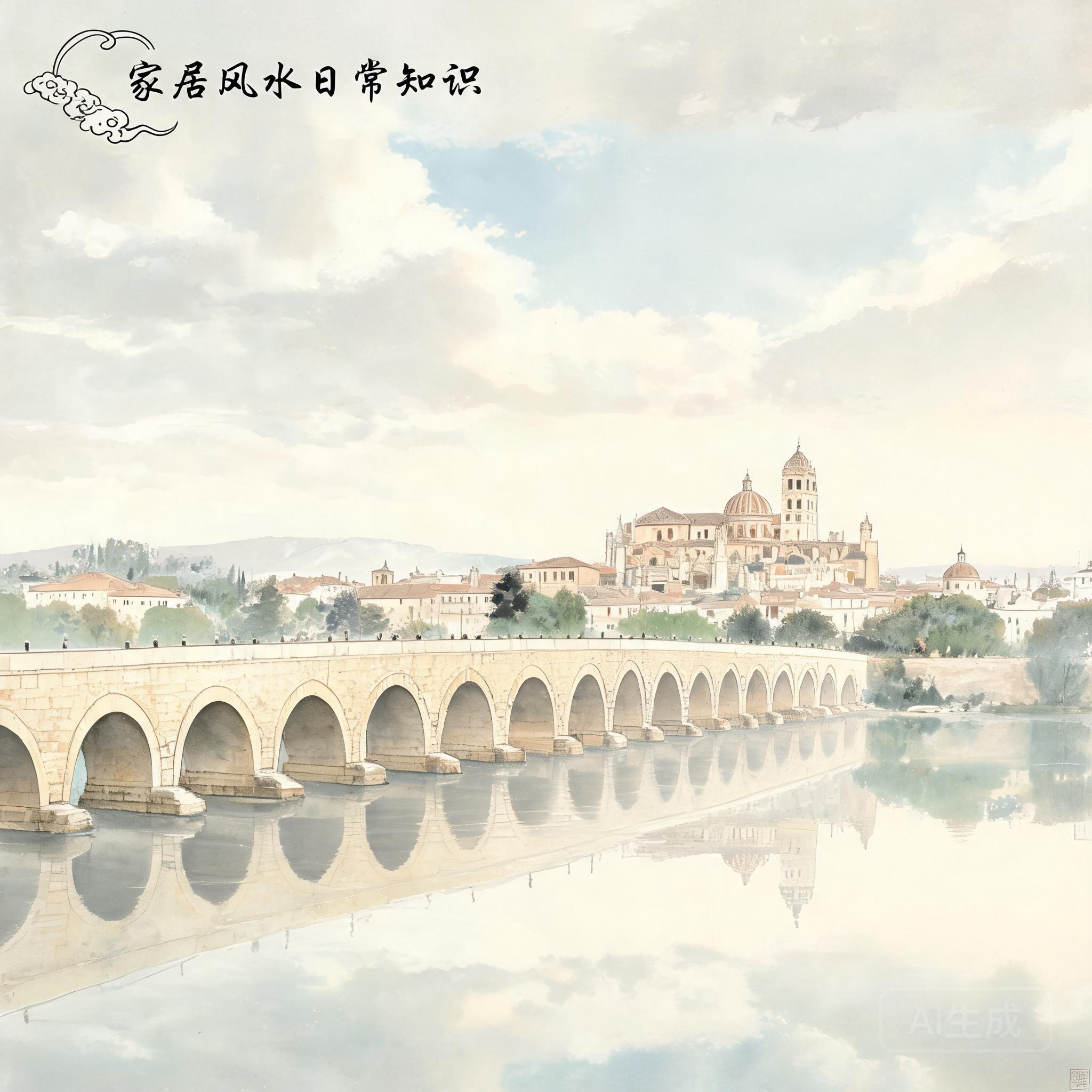 羅馬橋16座石拱橫跨瓜達爾基維爾河的側景，北岸背景處可見清真寺主教座堂