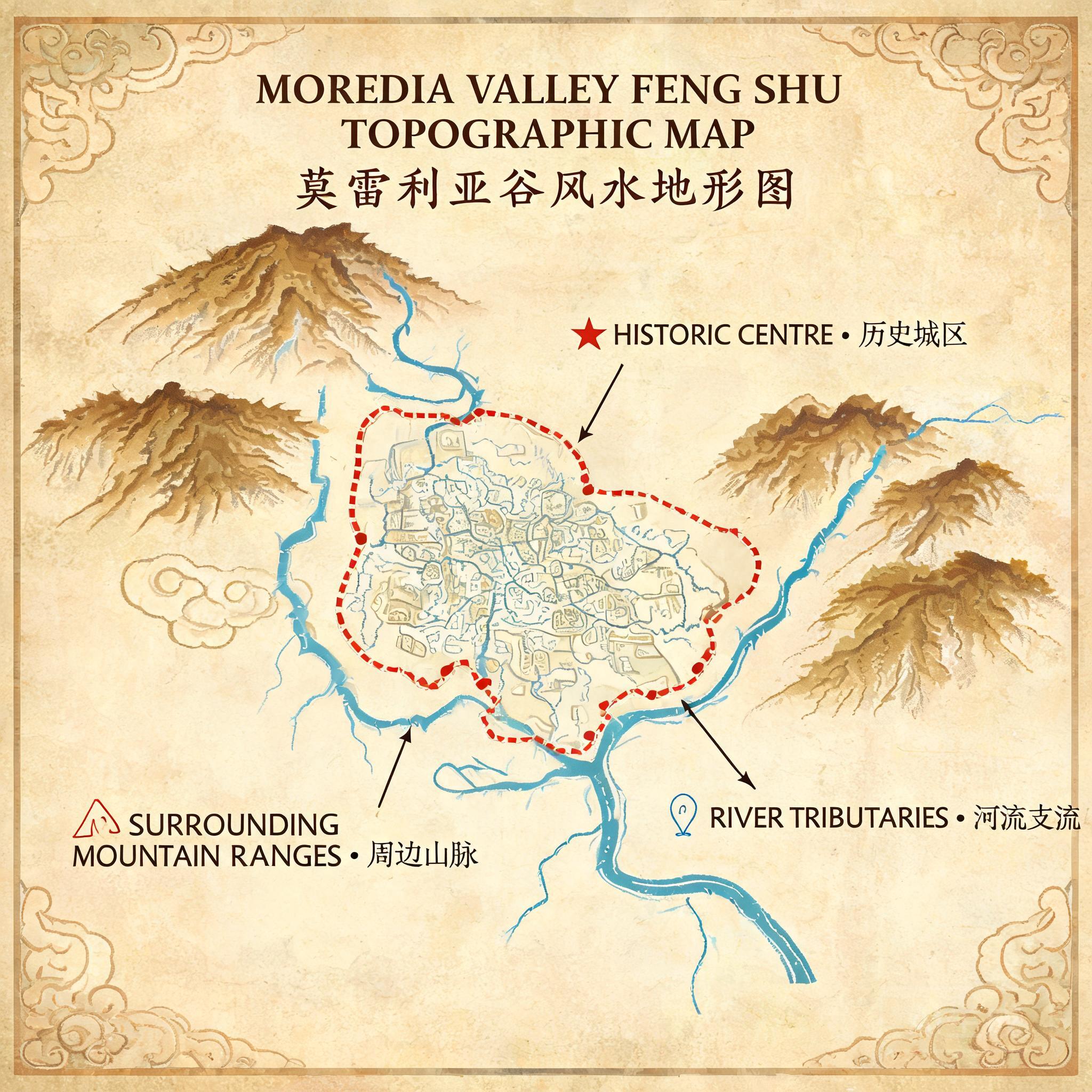 莫雷利亞谷地地形圖,標示出歷史中心的範圍、周圍的山脈、以及支流的位置
