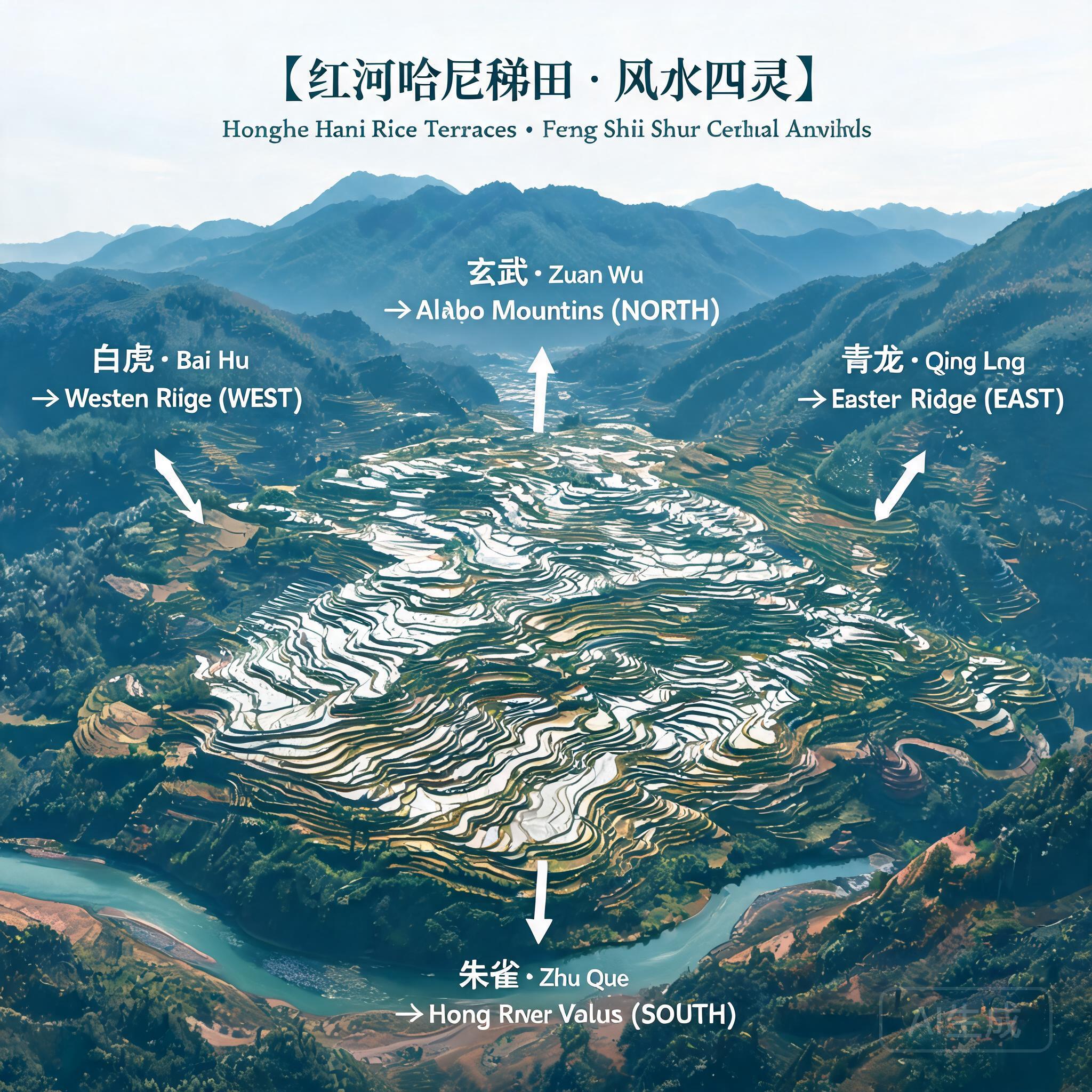 標註四靈獸地貌特徵的紅河哈尼梯田空照標註圖：北側哀牢山（玄武）、東側山嶺（青龍）、西側山嶺（白虎）、南側紅河谷地（朱雀）