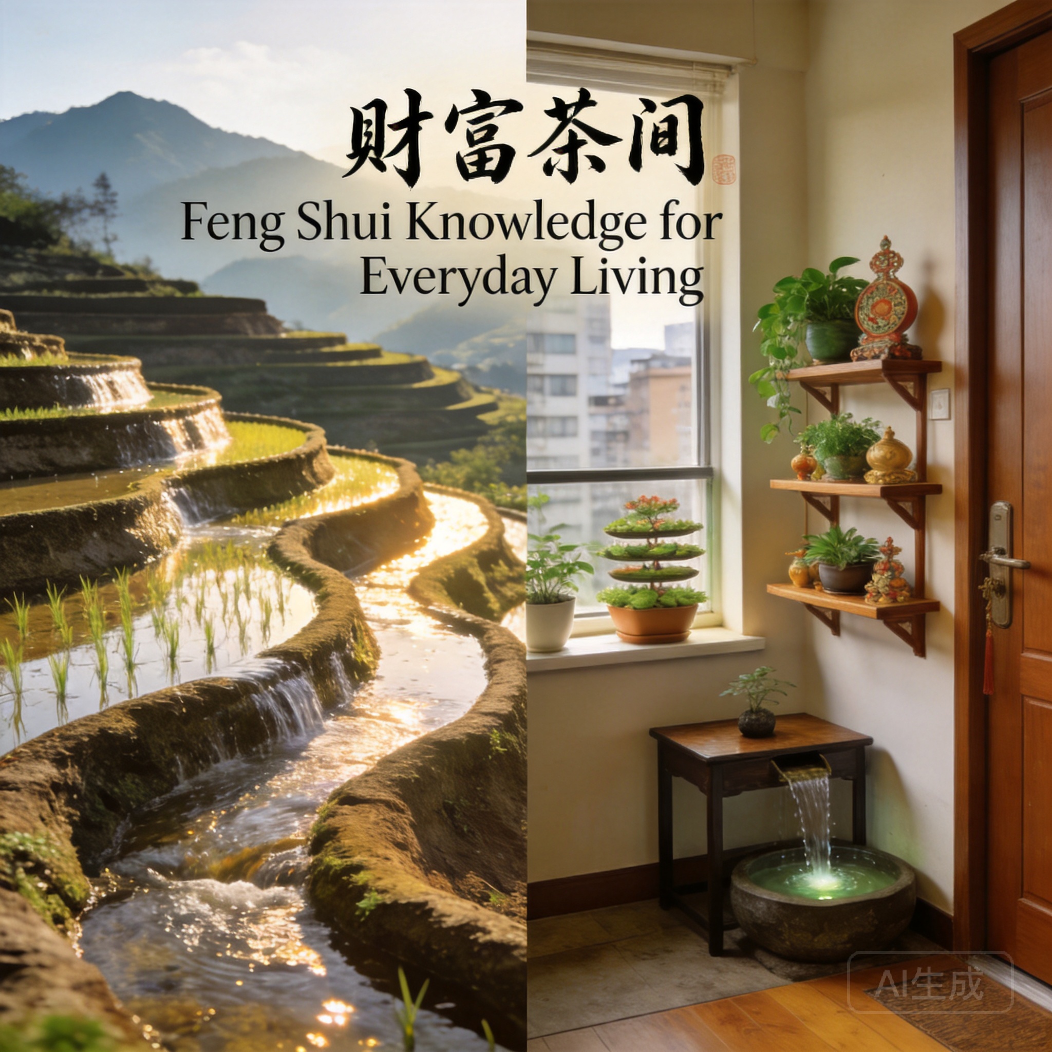 對比照片（左右並排）：左側是哈尼分層梯田與流動灌溉水的特寫，右側是一間都市小公寓，財位擺有木質層架、窗檯上有分層盆栽、大門附近則有小型桌面水景