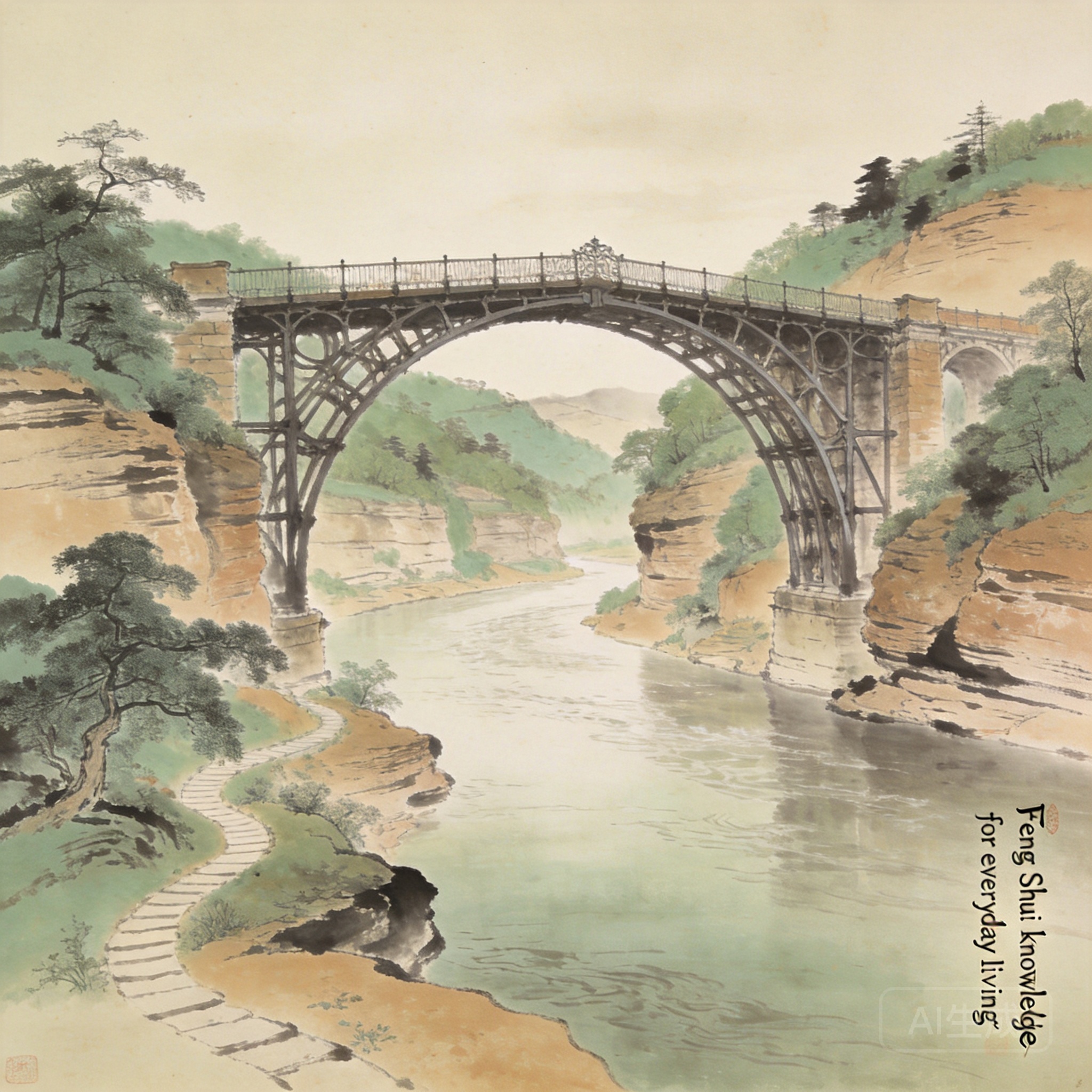鐵橋谷全景照，可見1779年建造的鑄鐵橋橫跨塞文河，四周為布滿樹木的砂岩丘陵環繞