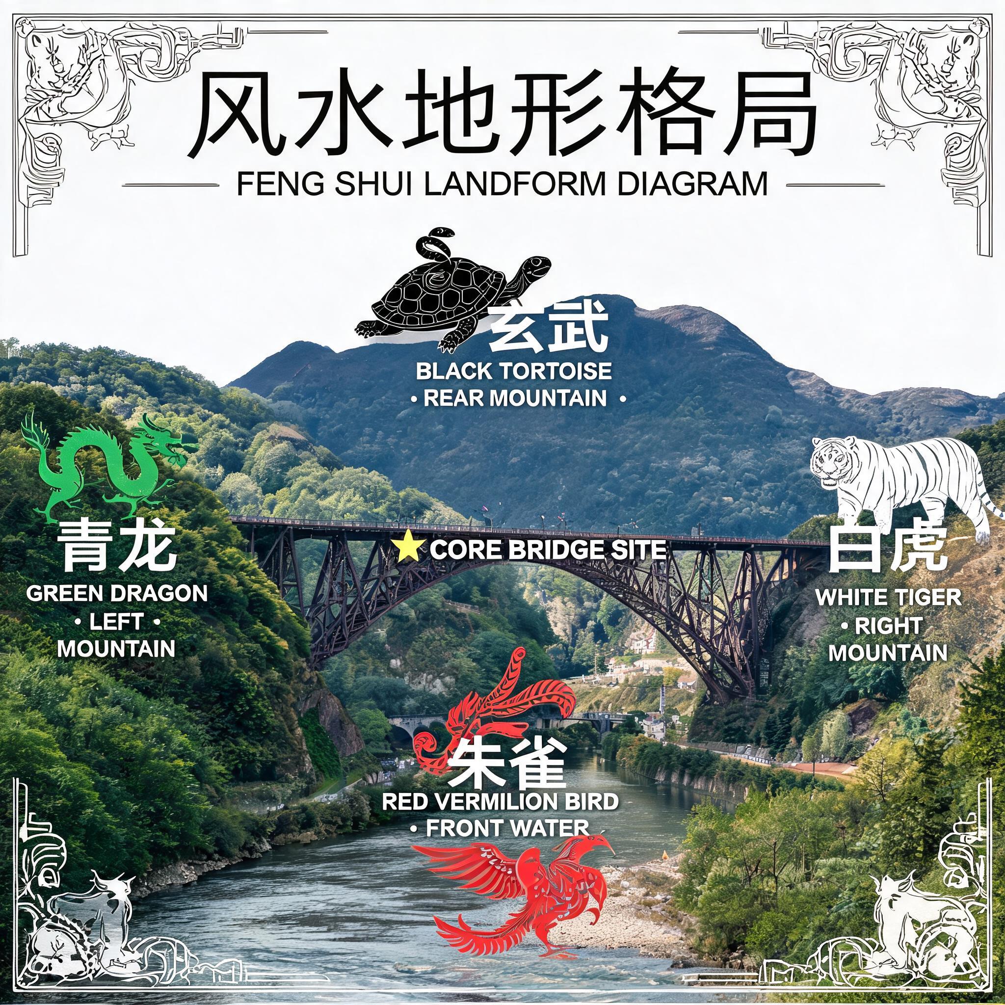 鐵橋谷地勢疊圖，標示青龍、白虎、玄武、朱雀相對於鐵橋核心位置的分布