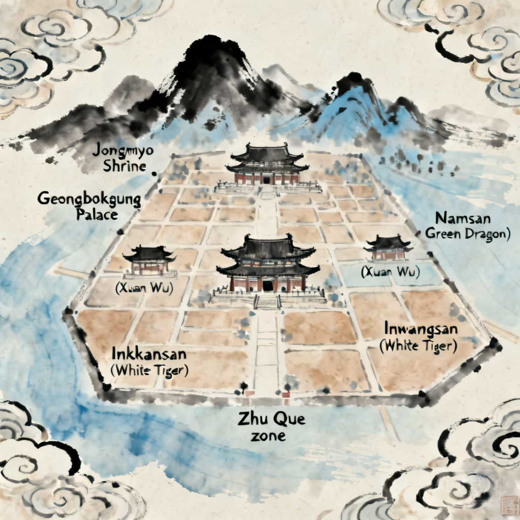 Simplified map of Seoul&rsquo;s historic core, with labels for Jongmyo Shrine, Gyeongbokgung Palace, Bukhansan (Xuan Wu), Namsan (Green Dragon), Inwangsan (White Tiger), and the south-facing open Zhu Que zone