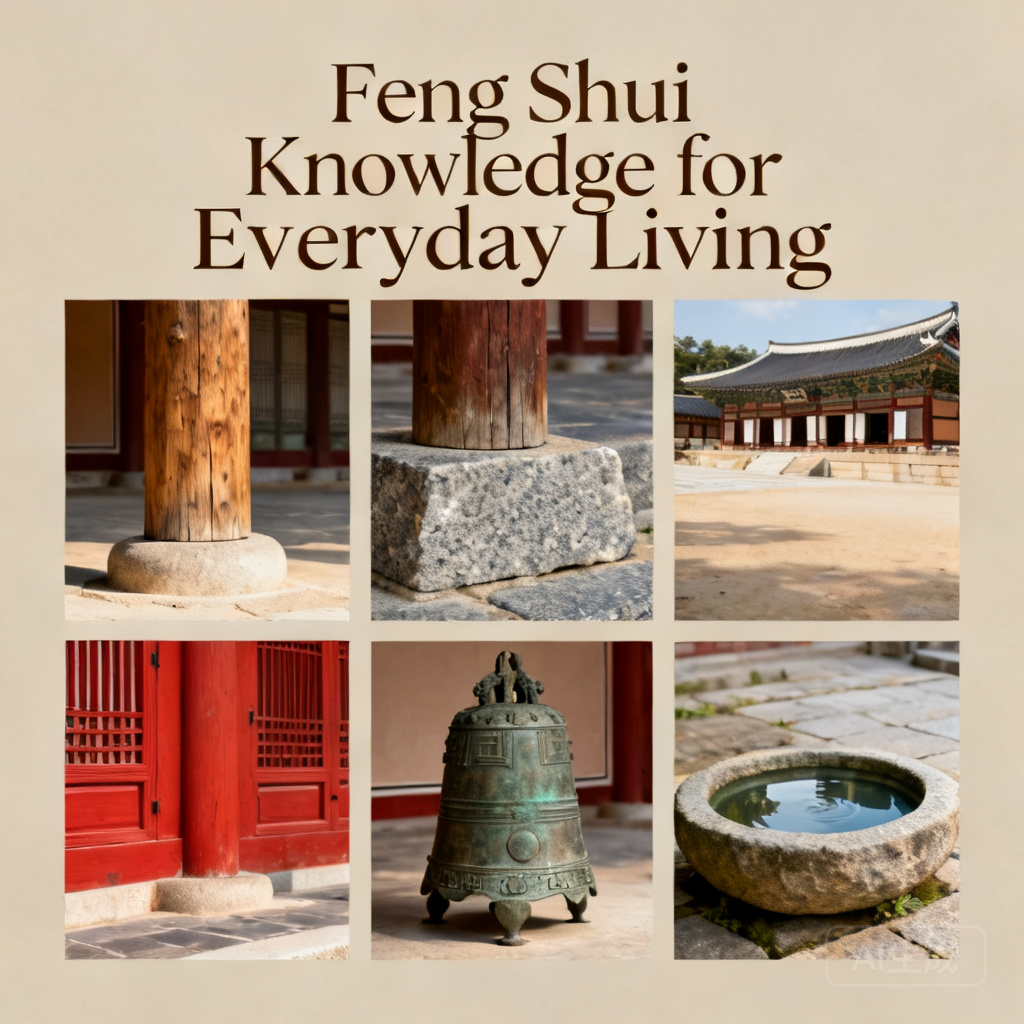 Collage of five photos showing Jongmyo&rsquo;s five element features: unpainted wooden pillar, granite stone foundation, red door trim, bronze ritual bell, and small stone reflecting pool