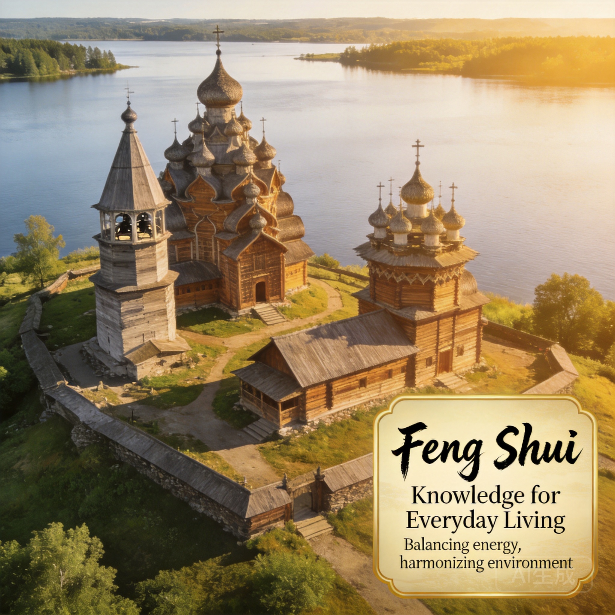 Wide shot of Kizhi Pogost at midday, with all three core structures visible against the backdrop of Lake Onega