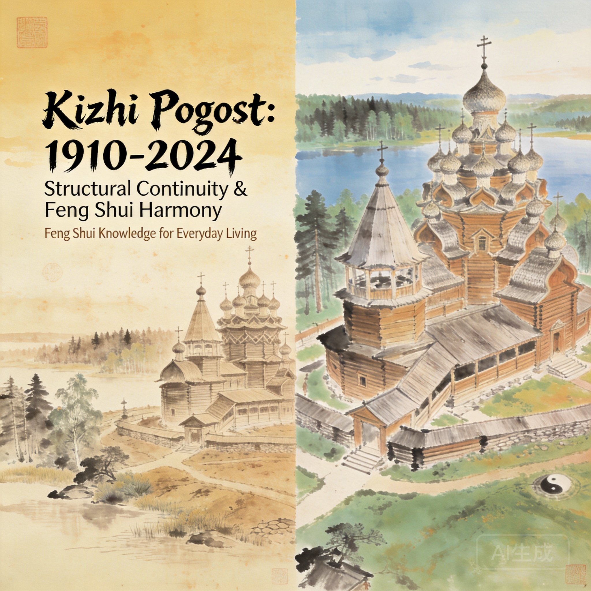 Side-by-side photo of Kizhi Pogost in 1910 and 2024, showing almost no visible structural change over 114 years