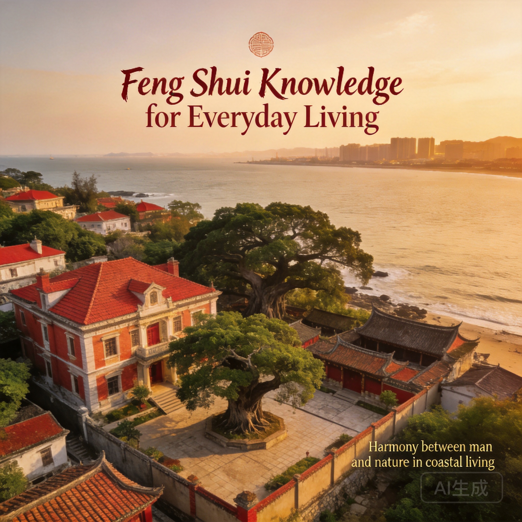 Aerial panoramic shot of Kulangsu&rsquo;s coast, with red-tiled Western villas tucked between banyan trees and Minnan courtyard homes, looking out toward Xiamen&rsquo;s mainland coast