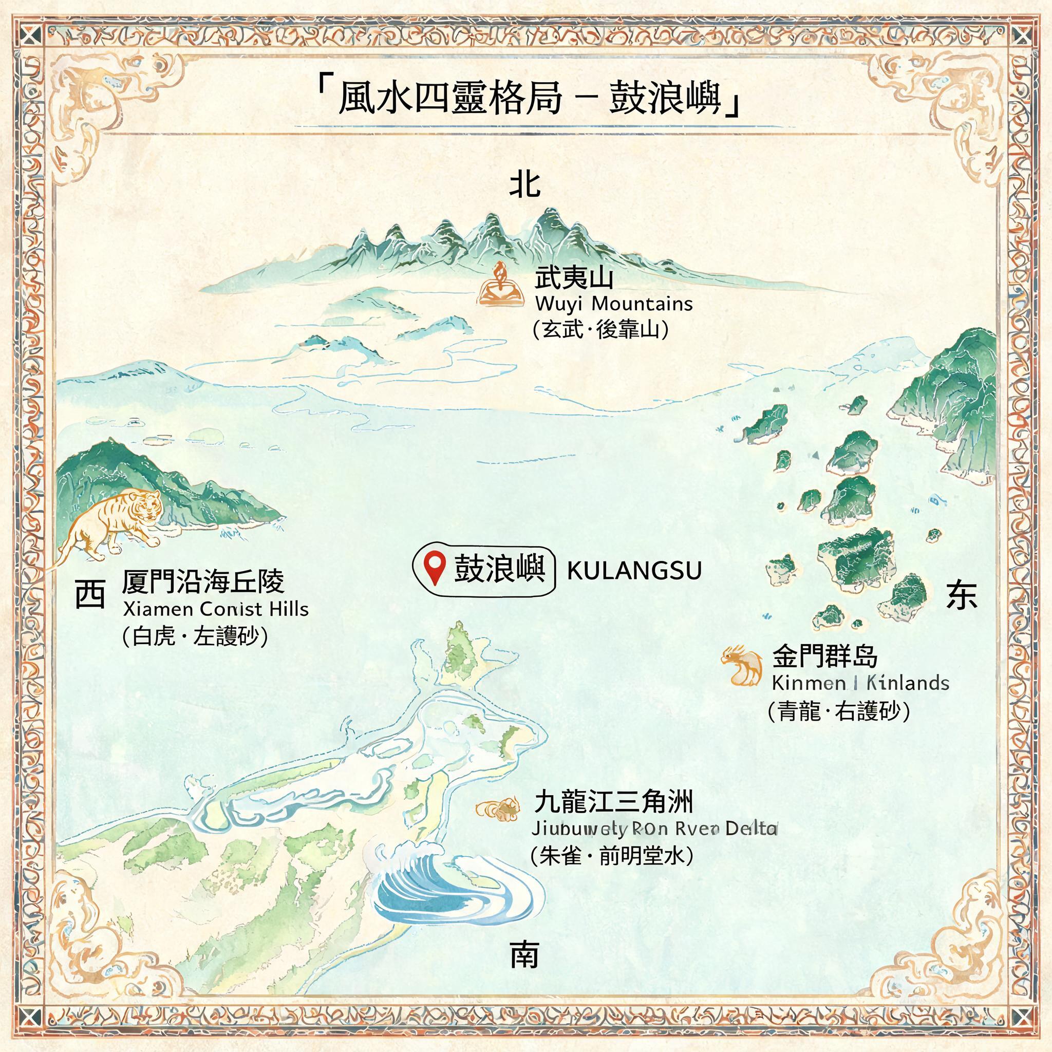 Illustrated diagram mapping Kulangsu&rsquo;s position to the 4 Celestial Animals landform pattern, with labels for Wuyi Mountains, Kinmen Islands, Jiulong River delta, and flanking Xiamen coastal hills