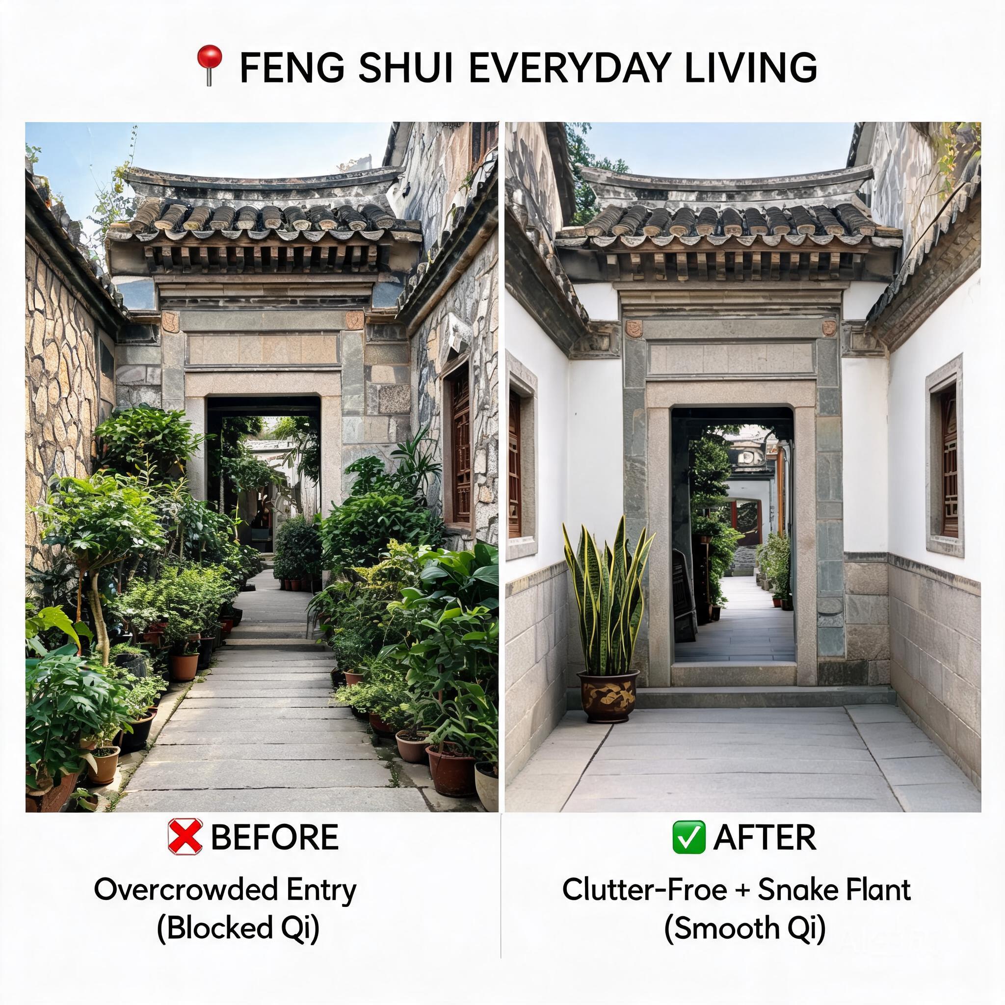 Side-by-side comparison of a Kulangsu entryway lined with potted greenery, and a home entryway with a potted snake plant and clear clutter-free space, illustrating the first easy feng shui adjustment