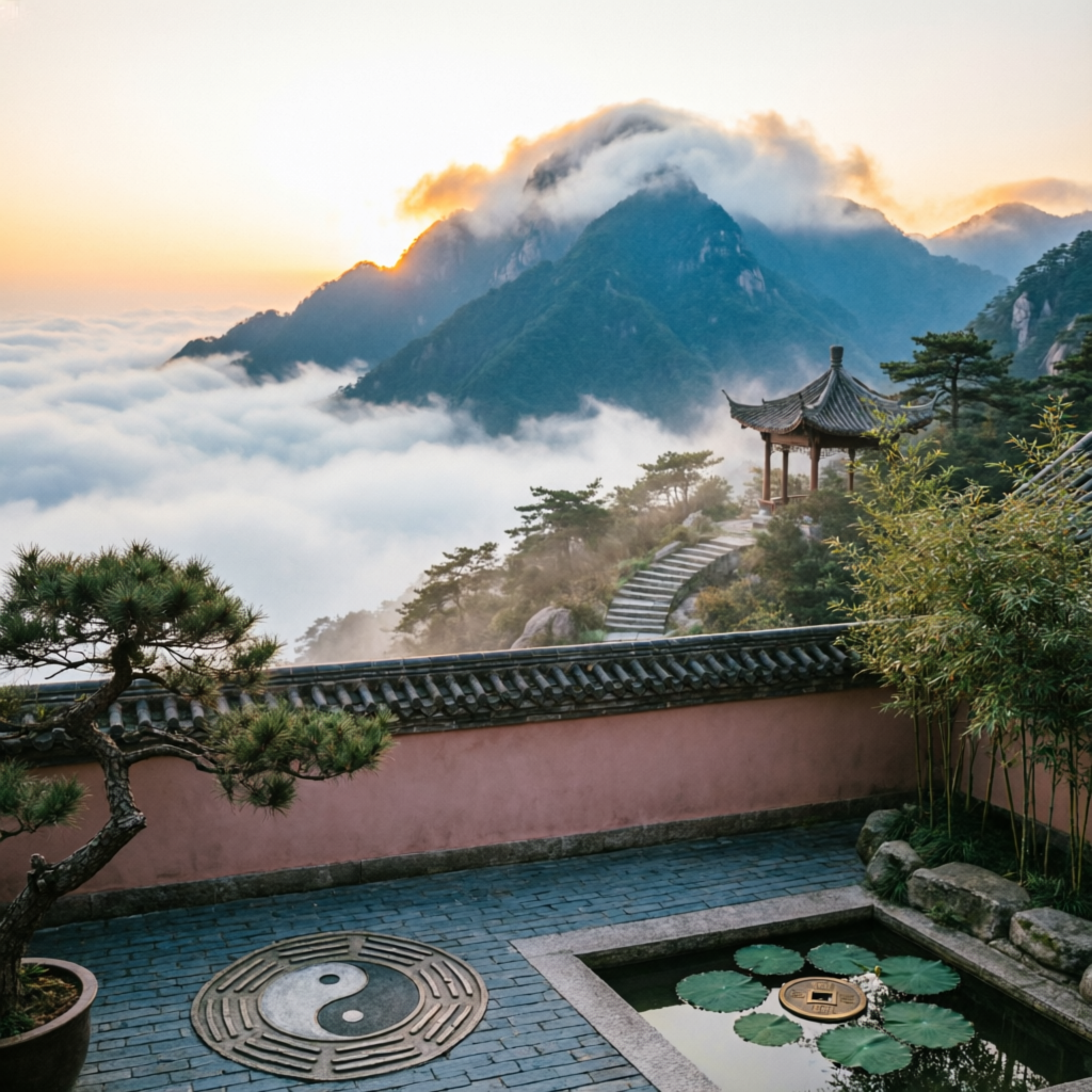 Lushan National Park’s misty peaks rising above cloud cover at sunrise