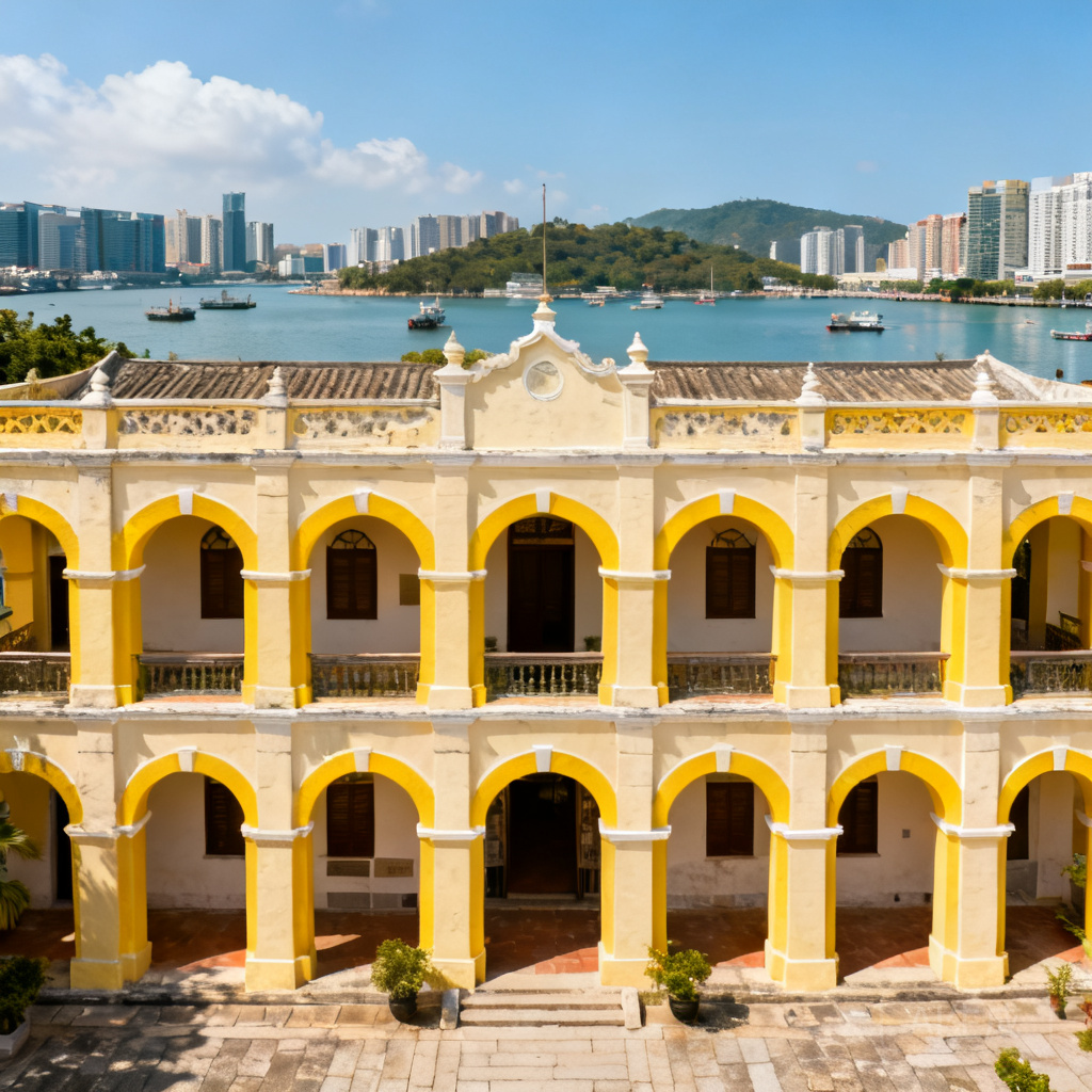 澳門摩爾兵營正面外觀全景,背景為內港,晴朗陽光下可見黃色摩爾式拱門與米白色石牆