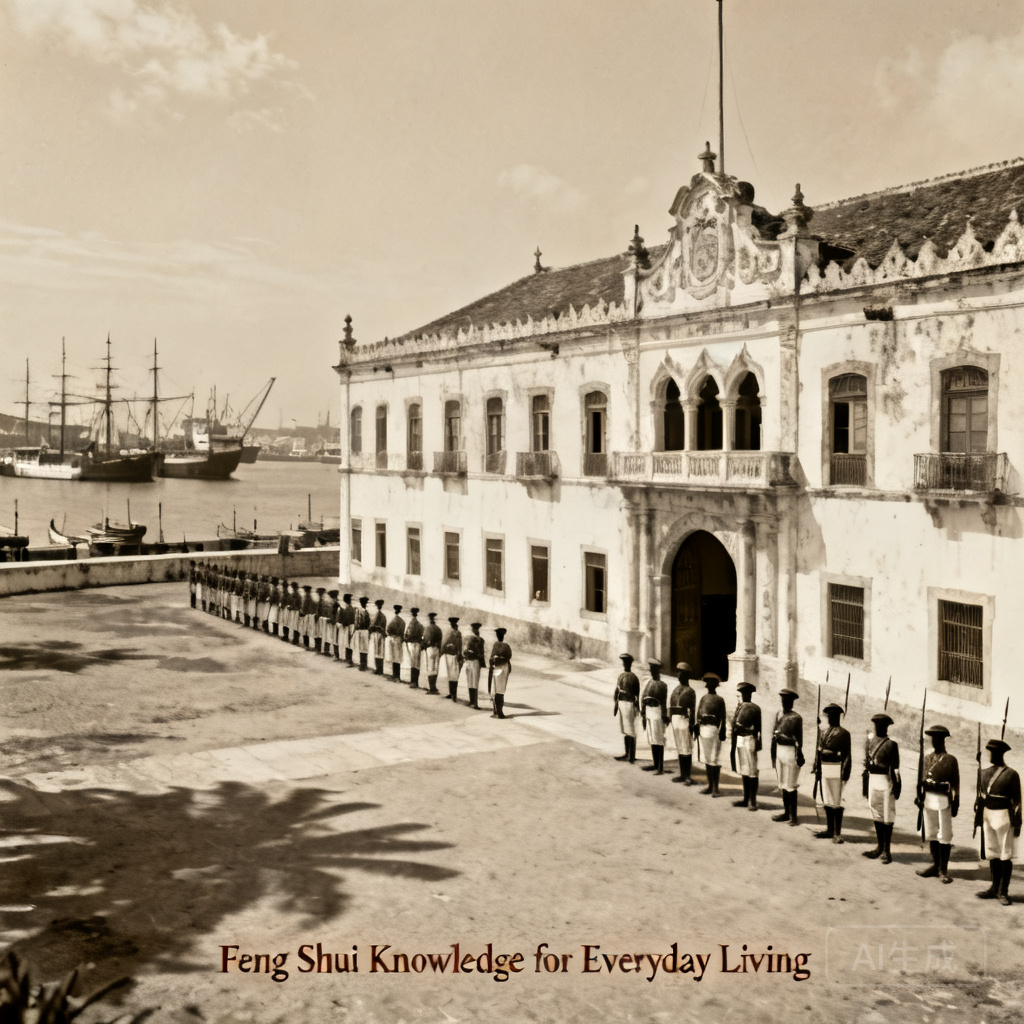 1880年摩爾人兵營的歷史檔案照片：進駐的葡非軍隊在前門排隊，遠處可見內港碼頭