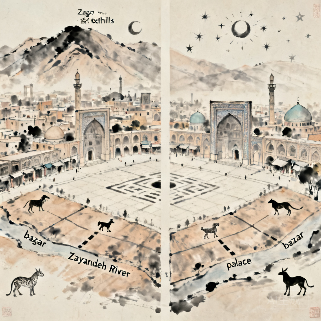 Side-by-side diagram of Meidan Emam&rsquo;s surrounding landforms overlaid with Form School feng shui celestial animal labels, marking Zagros foothills to the north, Zayandeh River to the south, bazaar to the east, and palace to the west