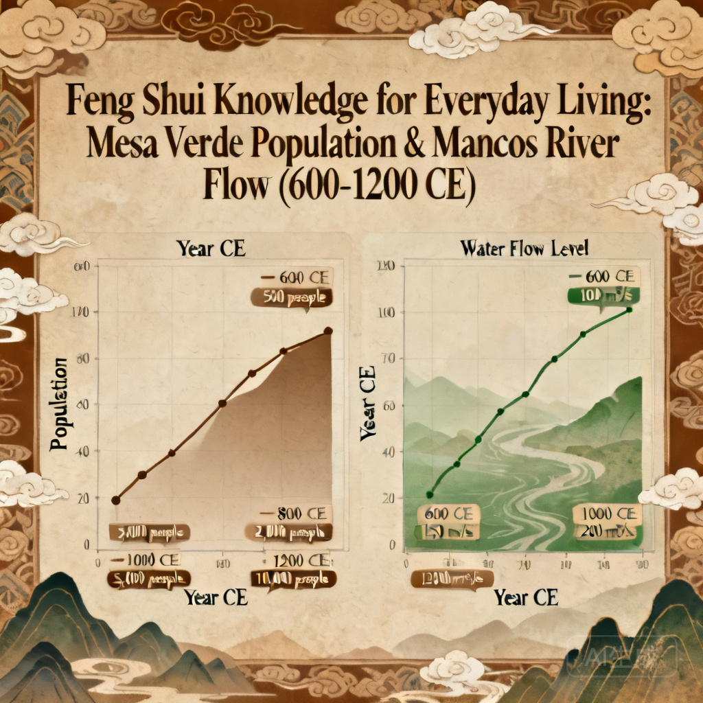 Side-by-side infographic showing Mesa Verde&rsquo;s population growth from 600 CE to 1200 CE, and corresponding water flow levels in the Mancos River over the same period