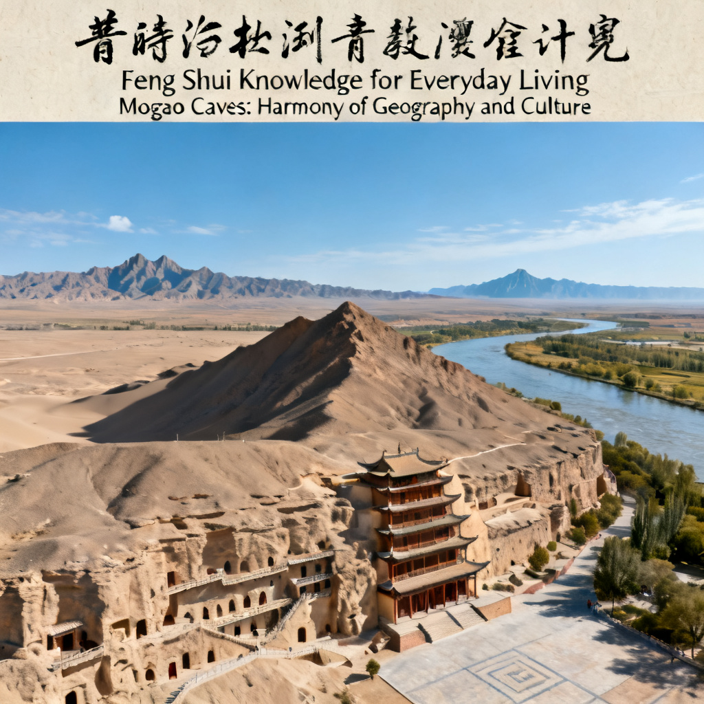 莫高窟遺址空拍全景圖，可見洞窟後方的鳴沙山、東側的黨河，以及遺址前方平坦盆地對面的三危山
