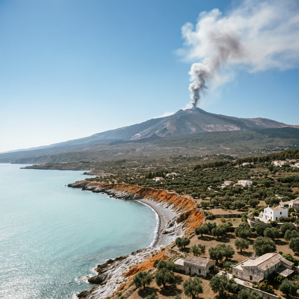 Aerial view of Mount Etna with plume of smoke against Sicilian coastline