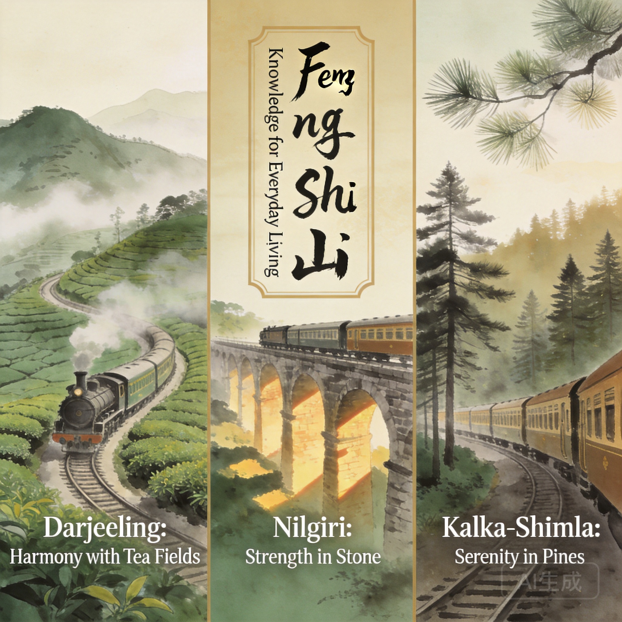 三條UNESCO高山鐵路的並排拼貼圖，畫面包含蜿蜒穿過茶園的大吉嶺蒸汽火車、越過石造高架橋的尼爾吉里火車，以及穿行過松樹林山脊的卡爾卡-西姆拉火車
