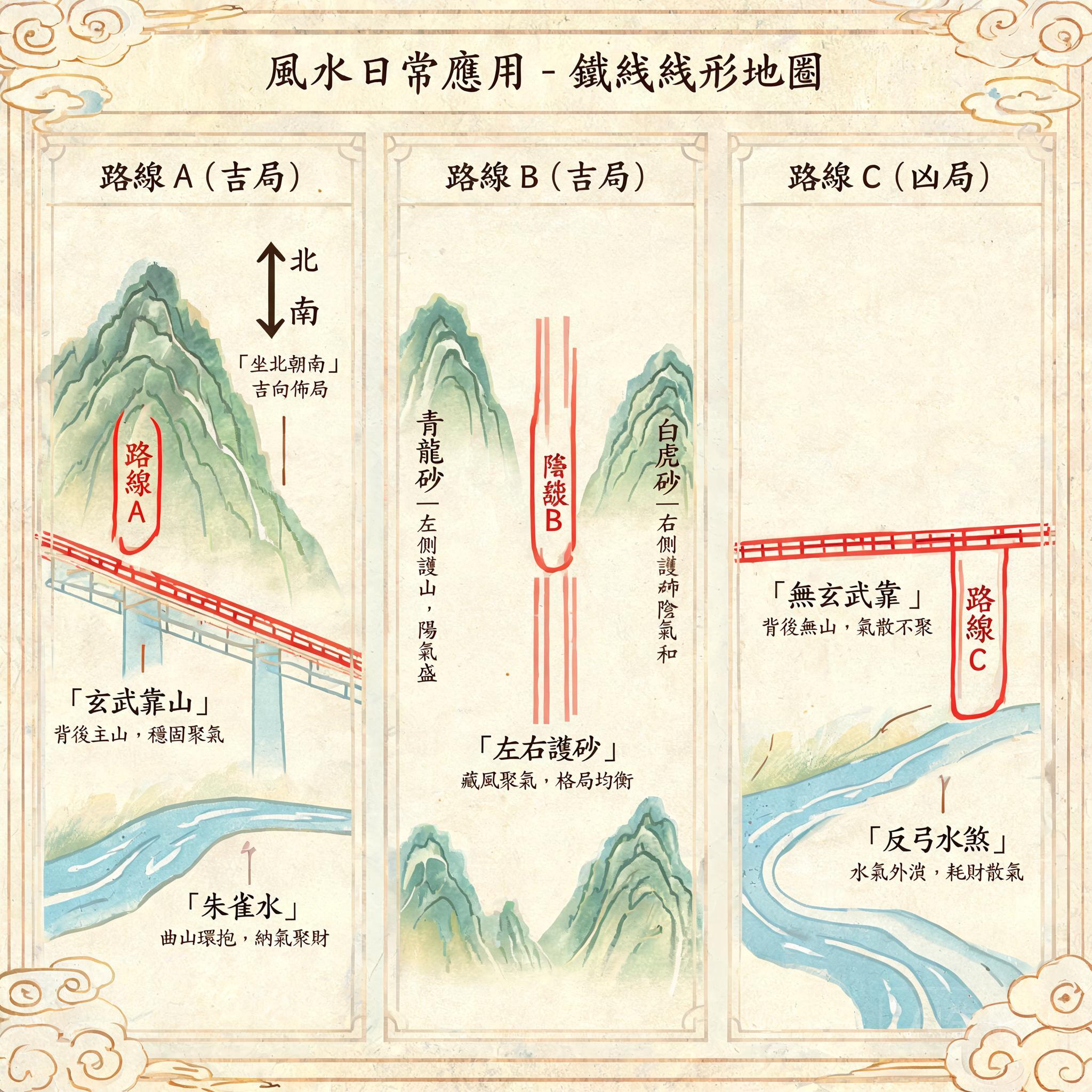 三條山地鐵路路線的地形圖疊圖，標註了形勢派分類的保護性地貌、水景與方位對齊標籤
