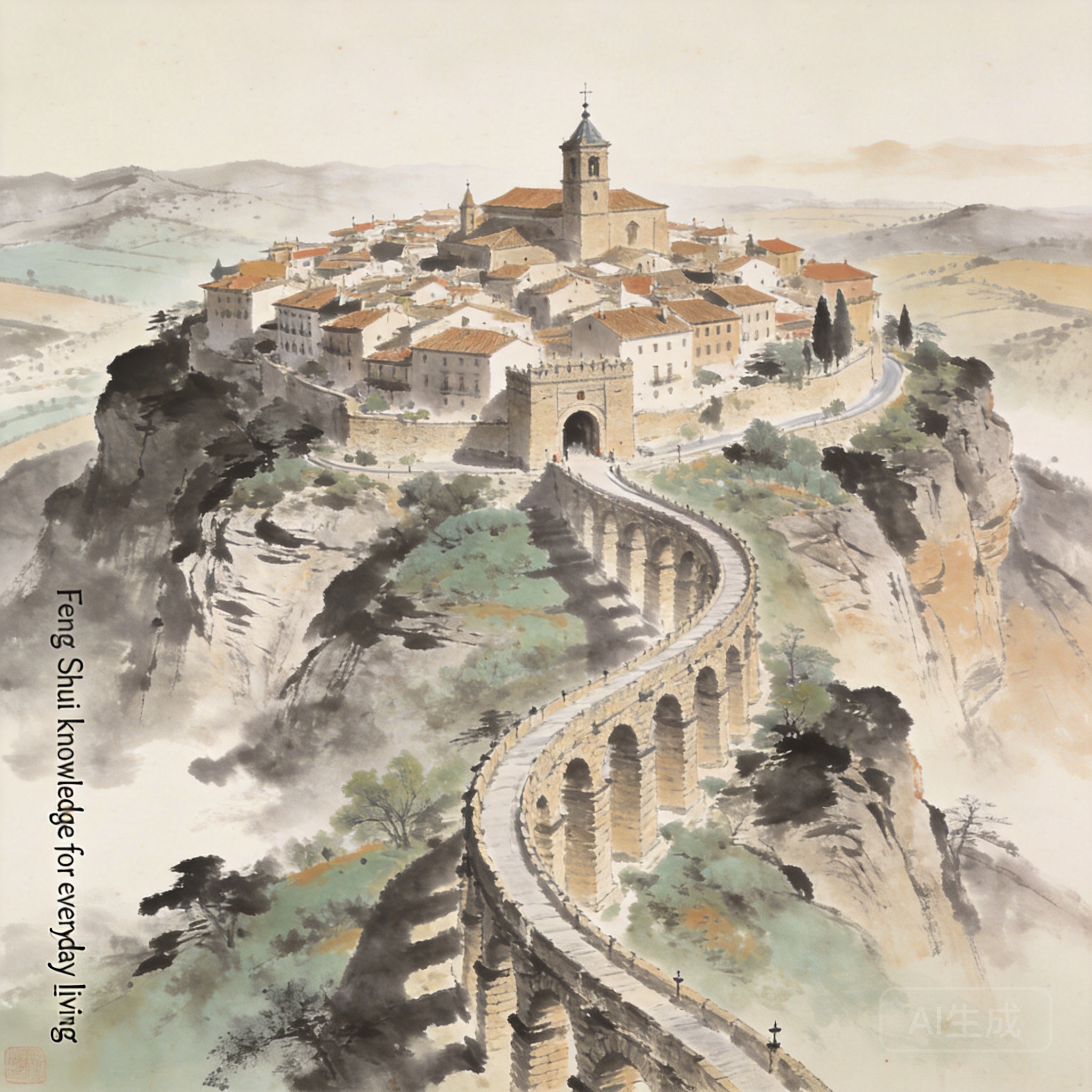 Wide aerial shot of Segovia Old Town perched on the rocky ridge, with the aqueduct snaking up from the valley to the town entrance