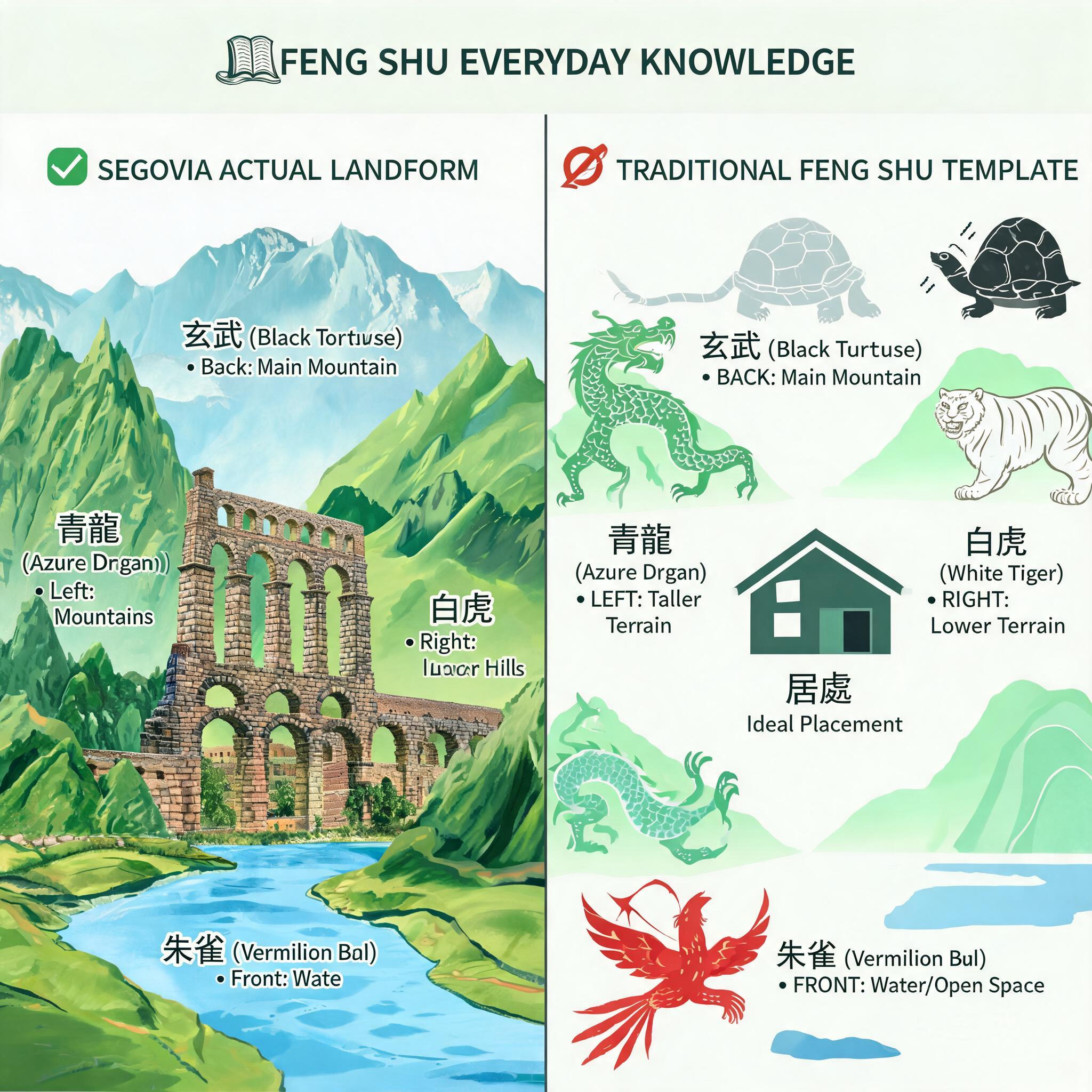 Side-by-side diagram of Segovia&rsquo;s landform alignment next to the traditional four celestial animals feng shui template