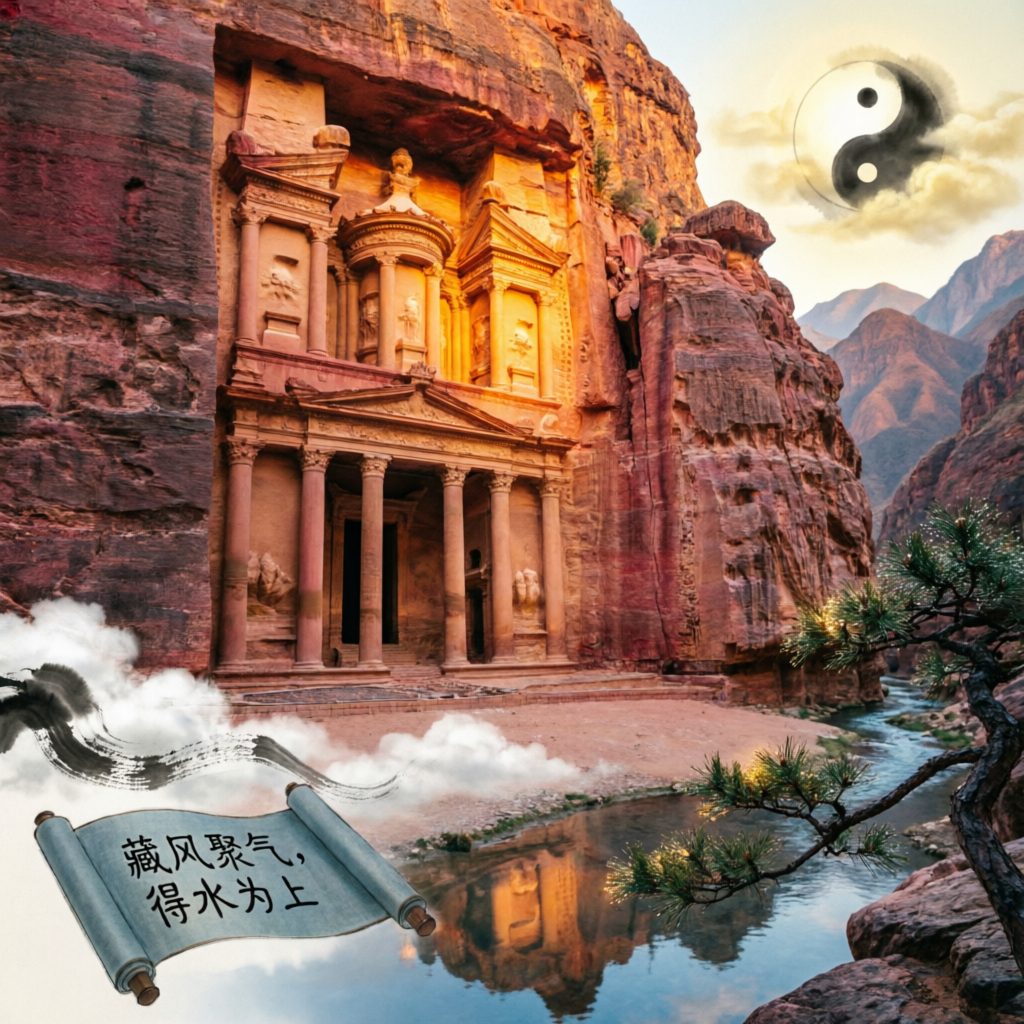 Petra’s iconic Treasury carved into rose-red cliffs at sunset — golden light catching the stone like it’s still whispering secrets to the wind