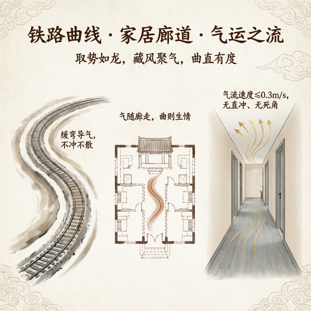 Diagram comparing railway curves to ideal hallway flow in homes