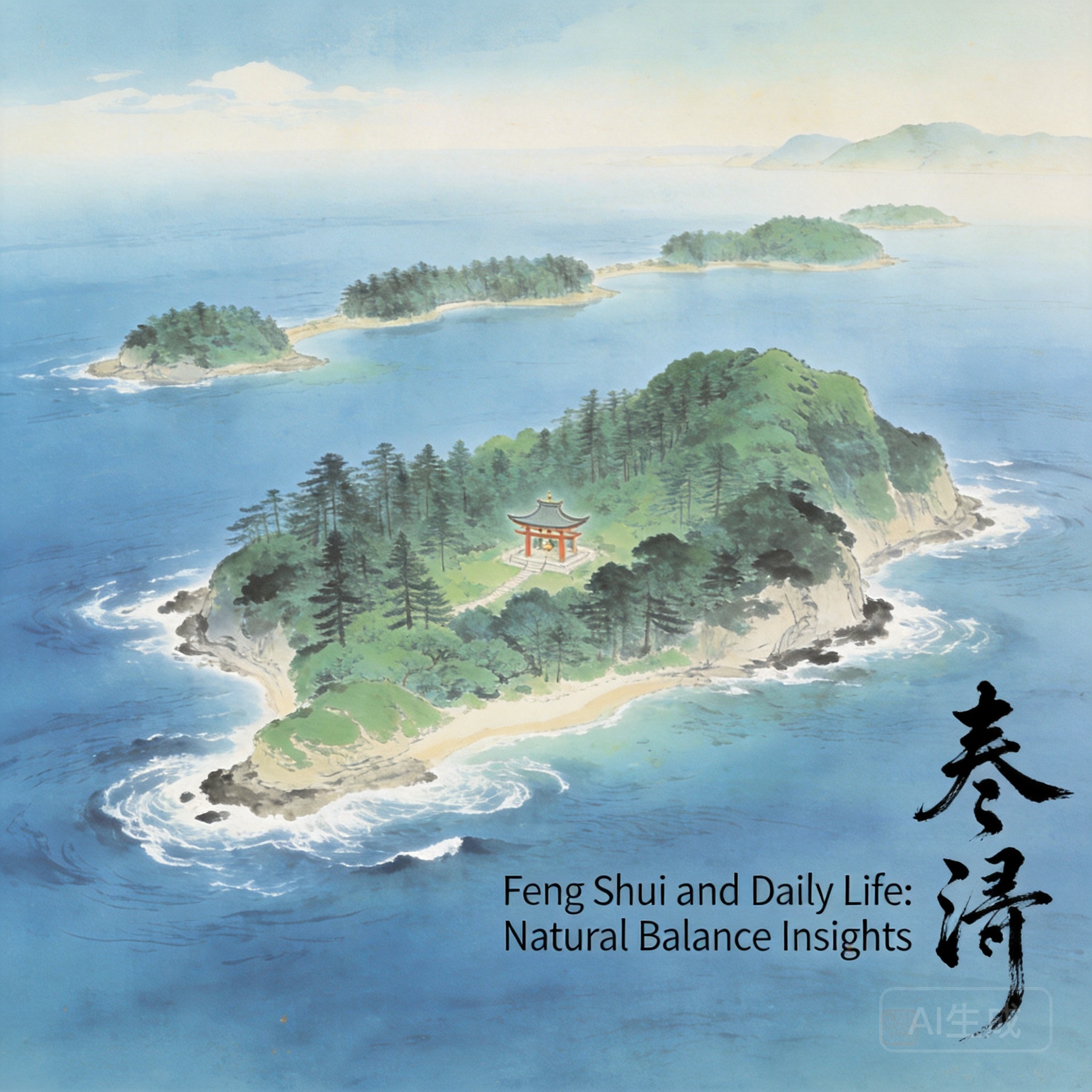沖之島的空拍畫面,島嶼被清澈湛藍玄界灘中較小的林木覆蓋屏障島環繞,除了小型的沖津宮神社外,看不見其他人造建築