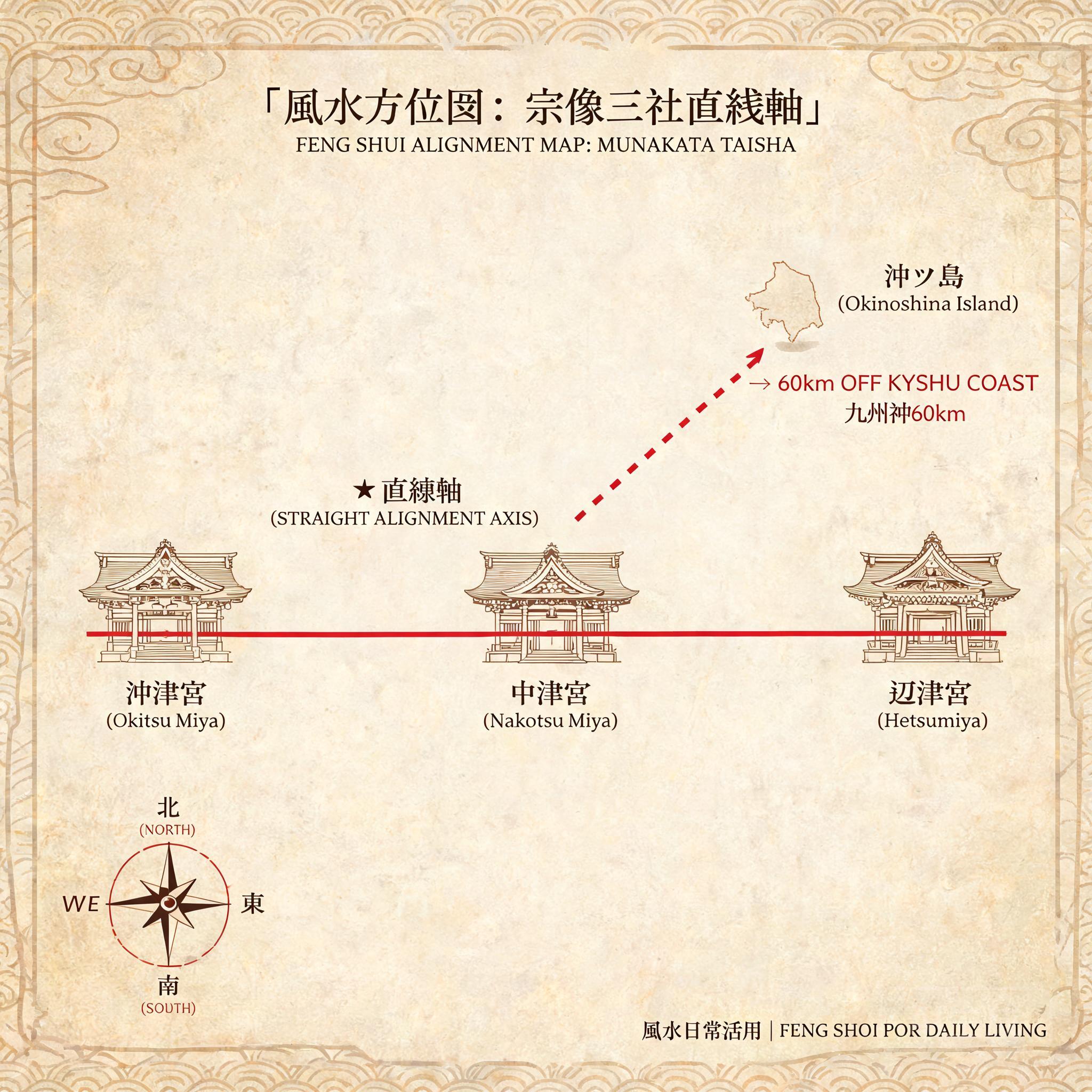 標註三座宗像大社神社直線軸線對齊狀況的註解地圖,方向標記直接指向九州海岸外60公里處的沖之島