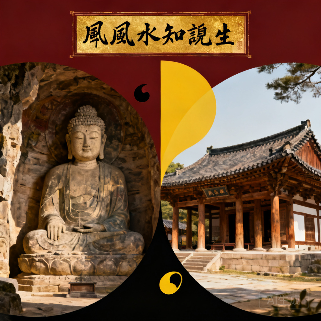 Side-by-side shot of Seokguram Grotto&rsquo;s inner stone Buddha statue and Bulguksa Temple&rsquo;s main Daeungjeon hall, illustrating the yin-yang balance between the two sites