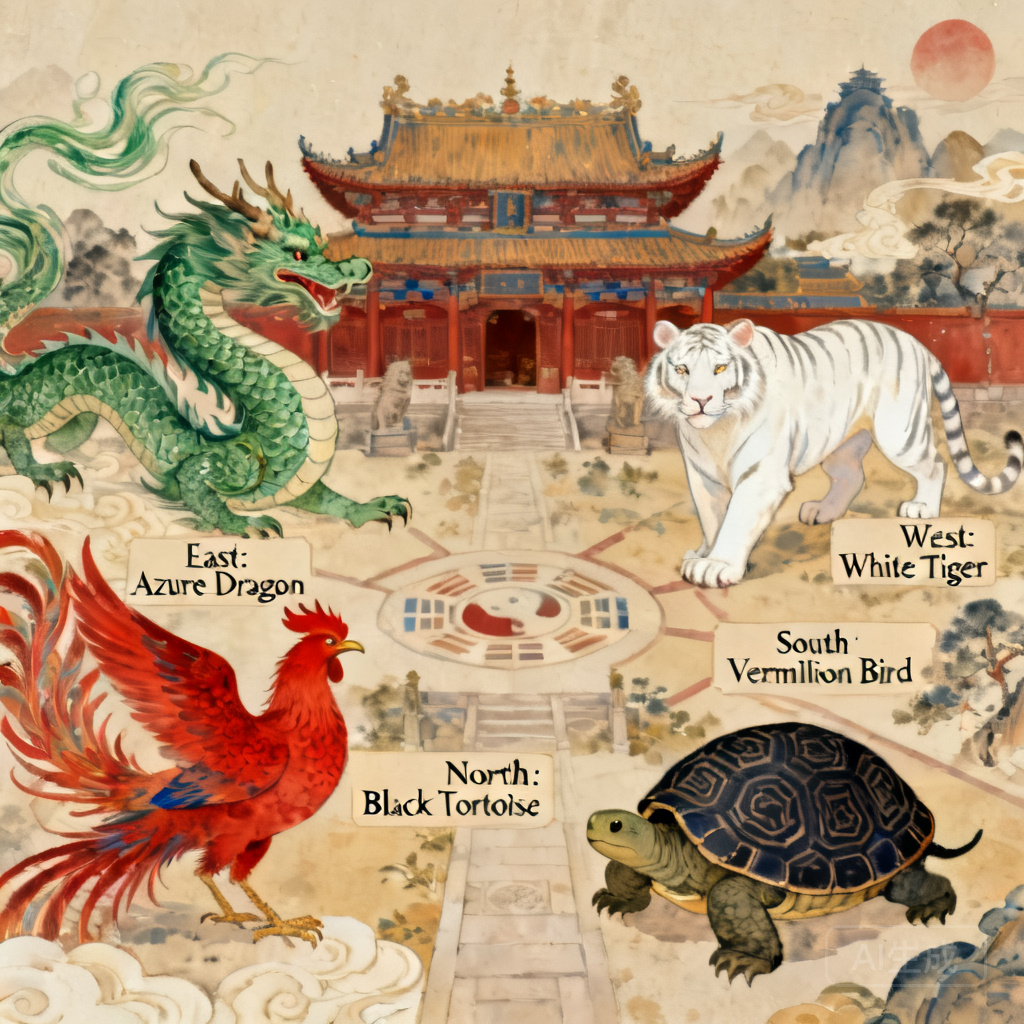 四靈風水獸對應寺廟周邊環境的示意圖