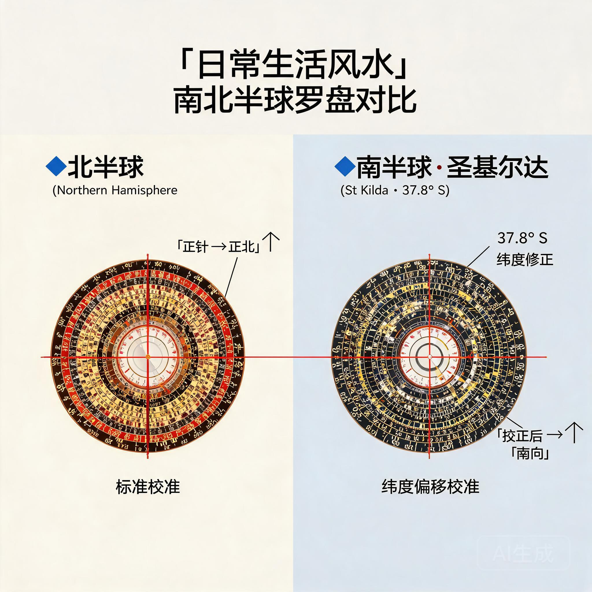 南北半球羅盤方位對照圖，標註聖基爾達南緯37.8°的緯度校正