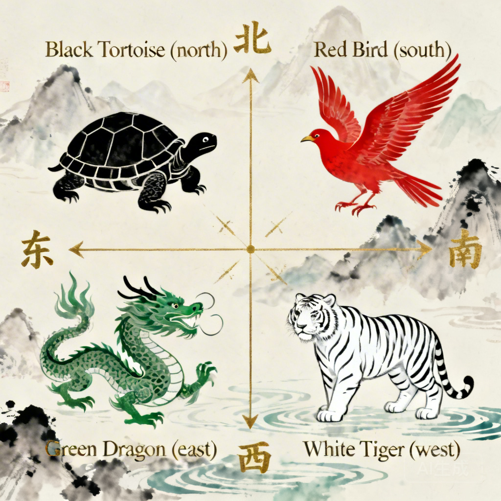 資訊圖表：標註玄武（北方）、朱雀（南方）、青龍（東方）、白虎（西方）位置的形家風水解析