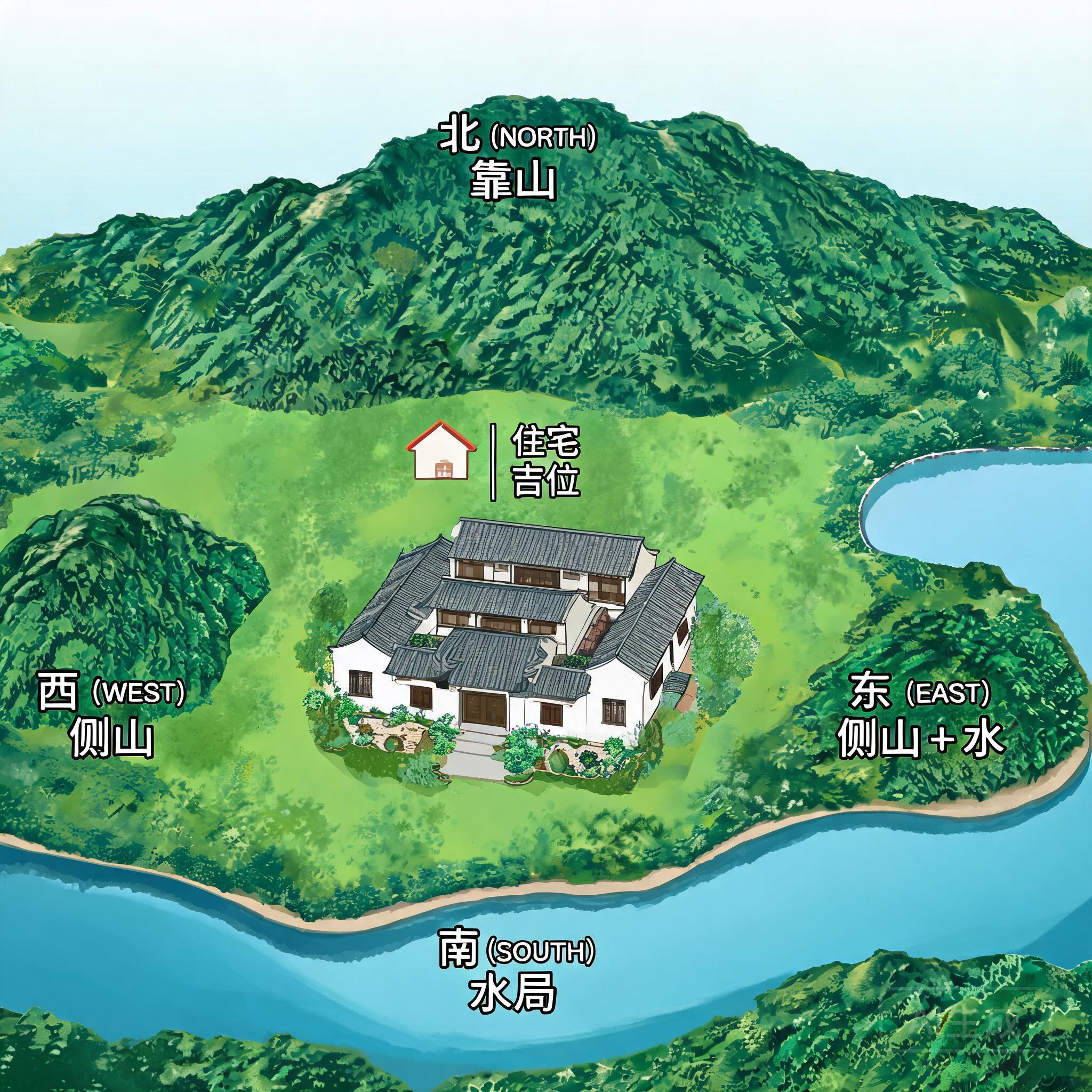 標註風水方位標籤的場地空照圖，可見北方靠山、東西兩側丘陵，以及南側與東側的水景