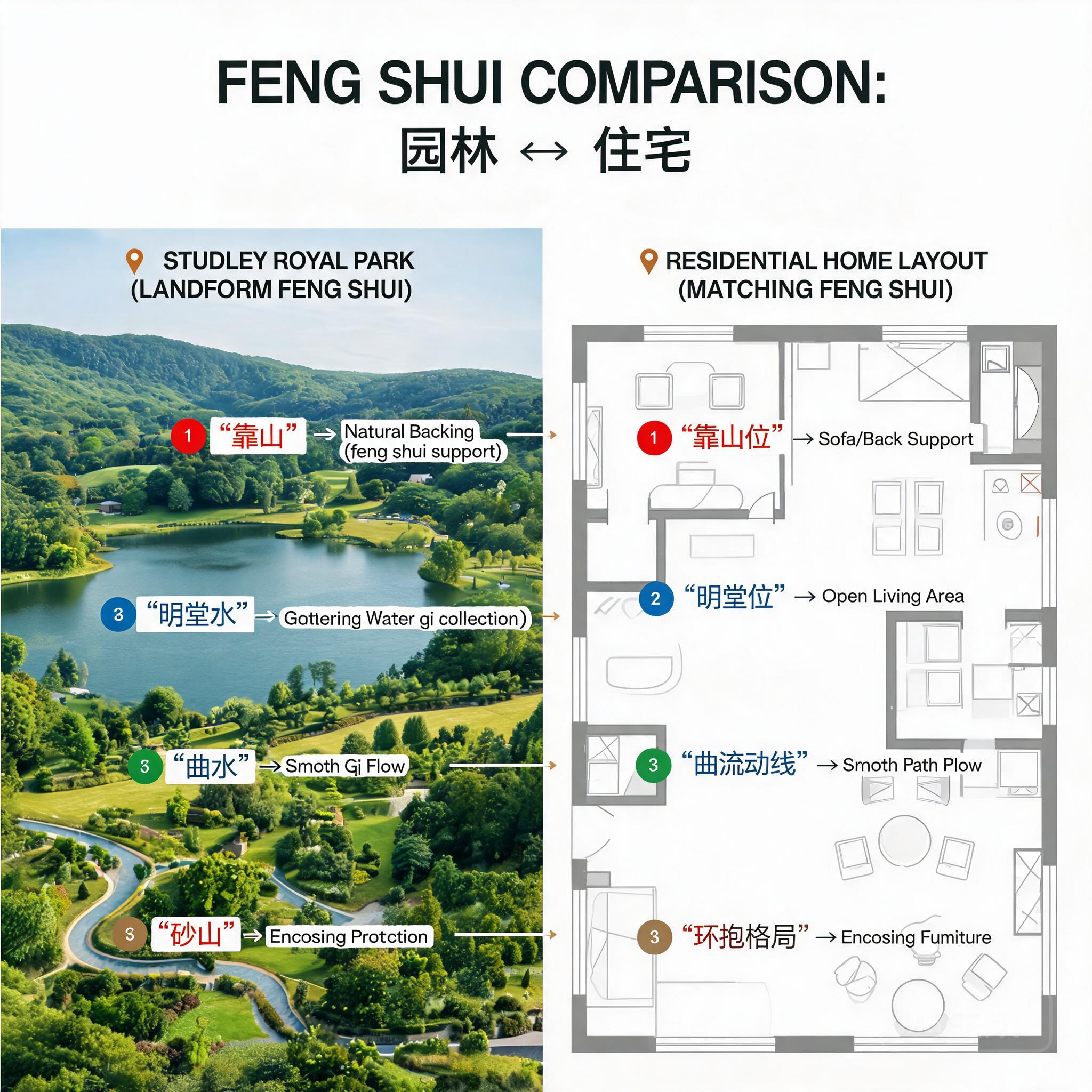 斯塔德利皇家公園地勢布局與一般住宅布局的並排對照圖，標註出兩者相符的風水特徵