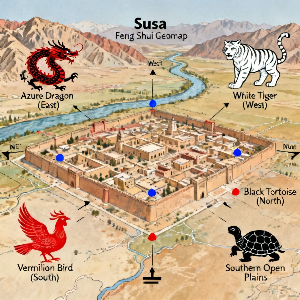 Top-down geomap of Susa overlayed with four celestial animals feng shui formation markers, showing surrounding Zagros Mountains, Karkheh River, and southern open plains