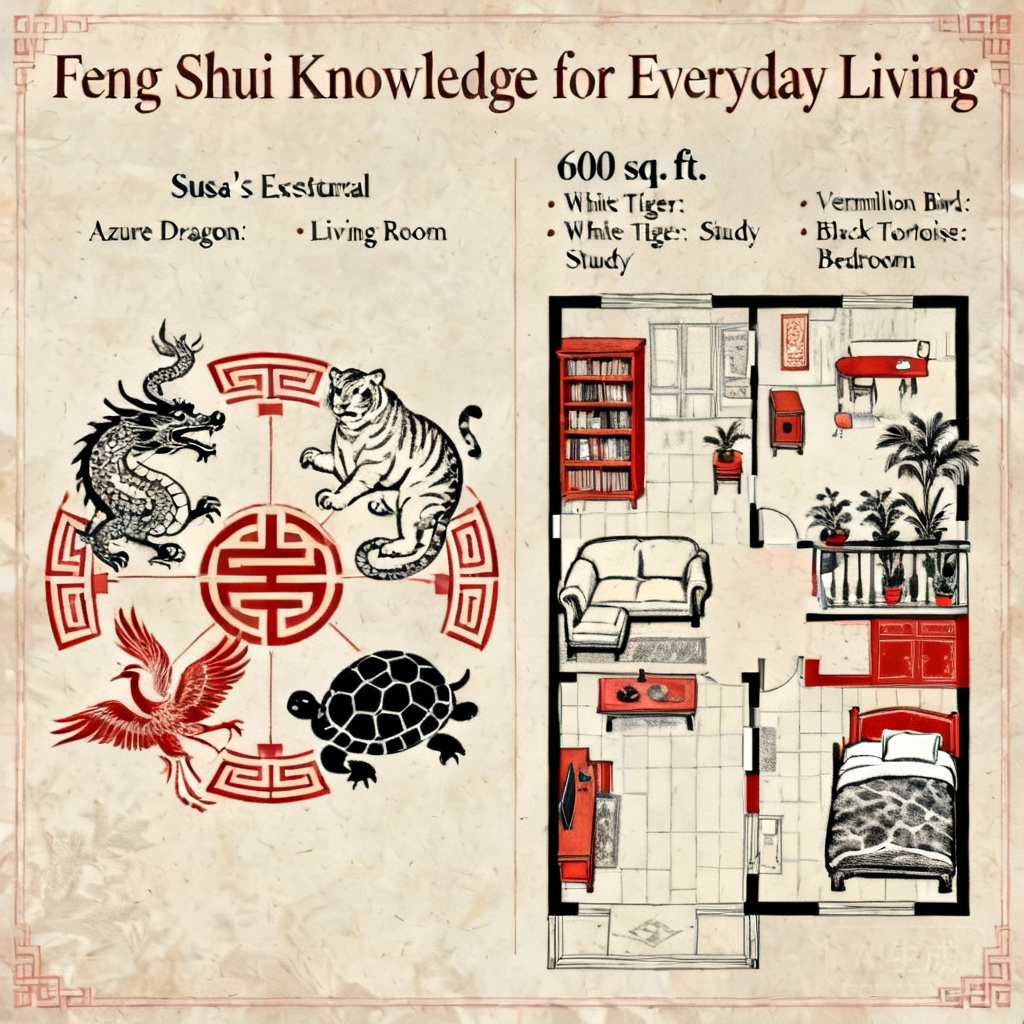Side-by-side comparison of Susa&rsquo;s four celestial animals formation and a 600 sq. ft. apartment layout replicating the pattern with furniture placement