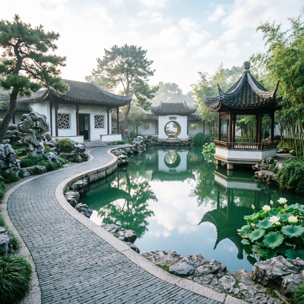 拙政園全景照片，展示中央水池、曲徑迴廊與周圍亭閣，呈現關鍵風水元素
