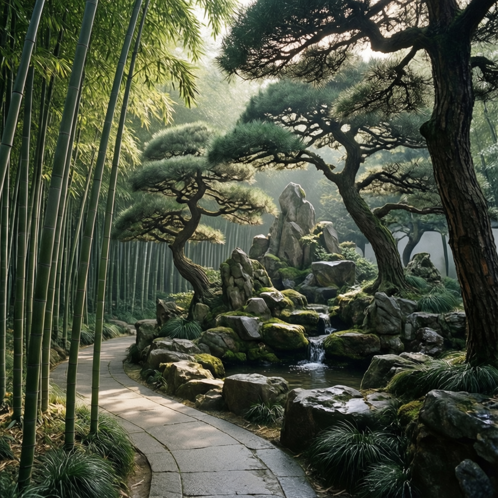 竹林和修剪過的松樹靠近假山的細節，展示風水設計中的方向性植物配置