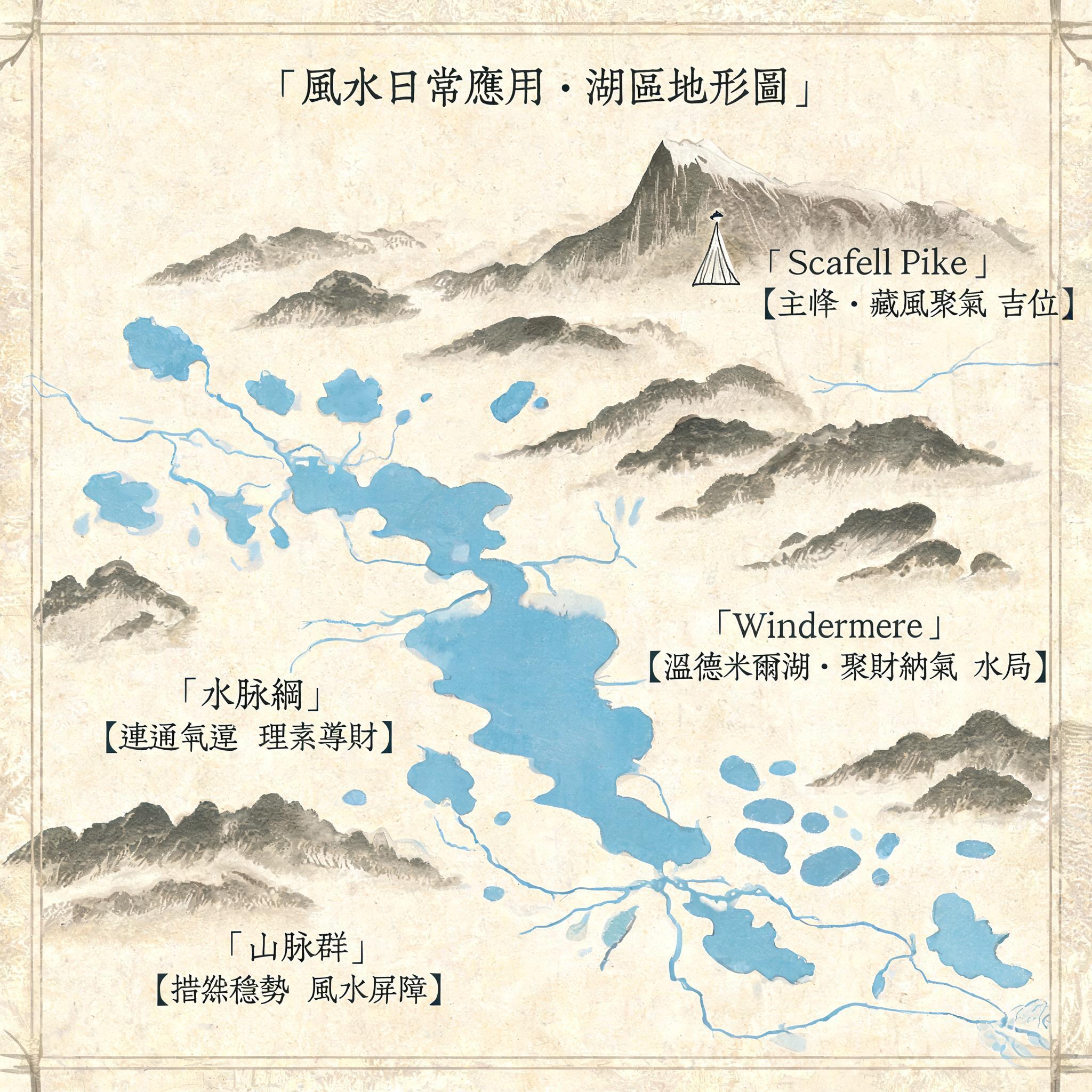標示山脈、16座主要湖泊、河網，以及斯科費爾峰與溫德米爾湖位置的湖區地形圖