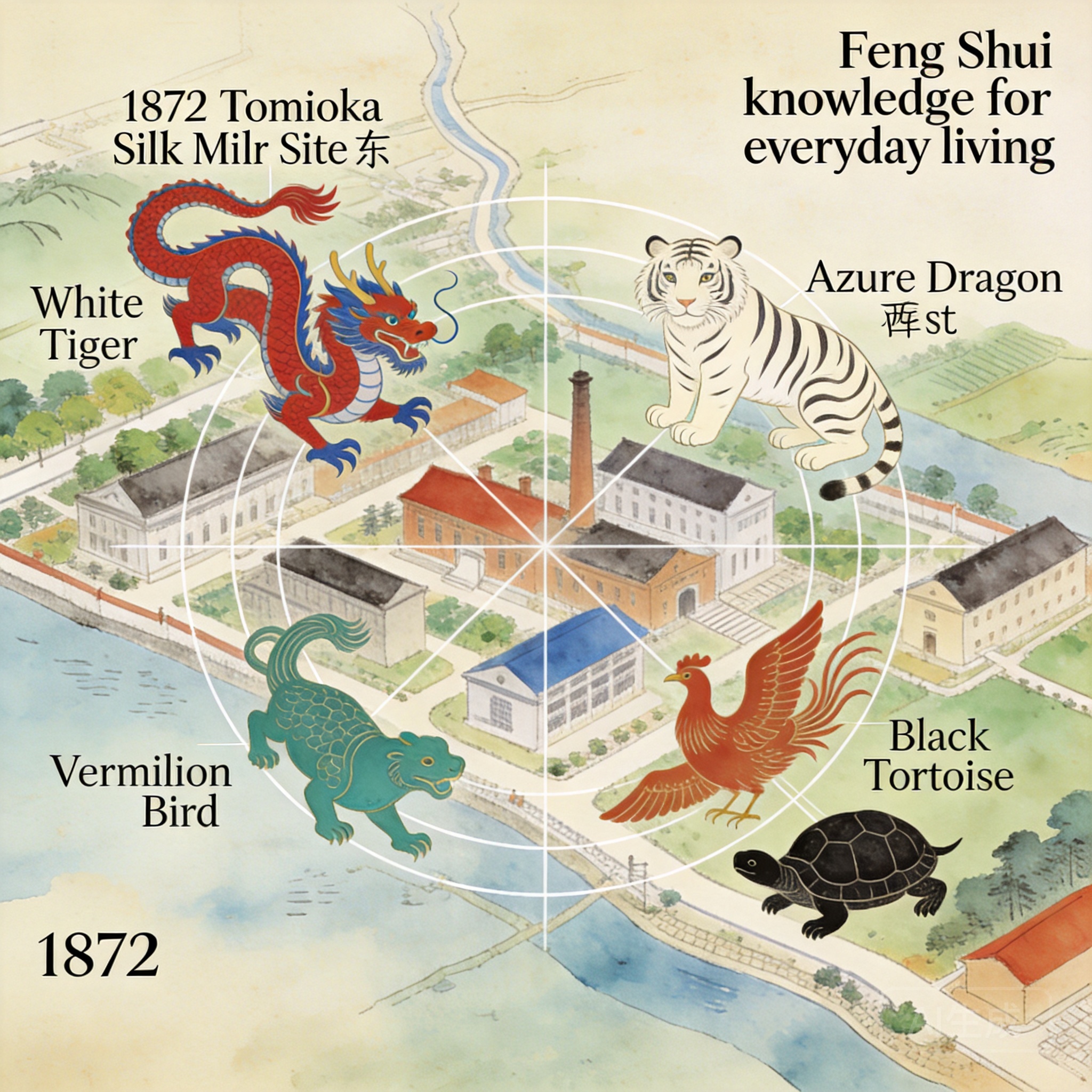 1872年富岡製絲廠手繪地圖上的四靈風水格局疊圖