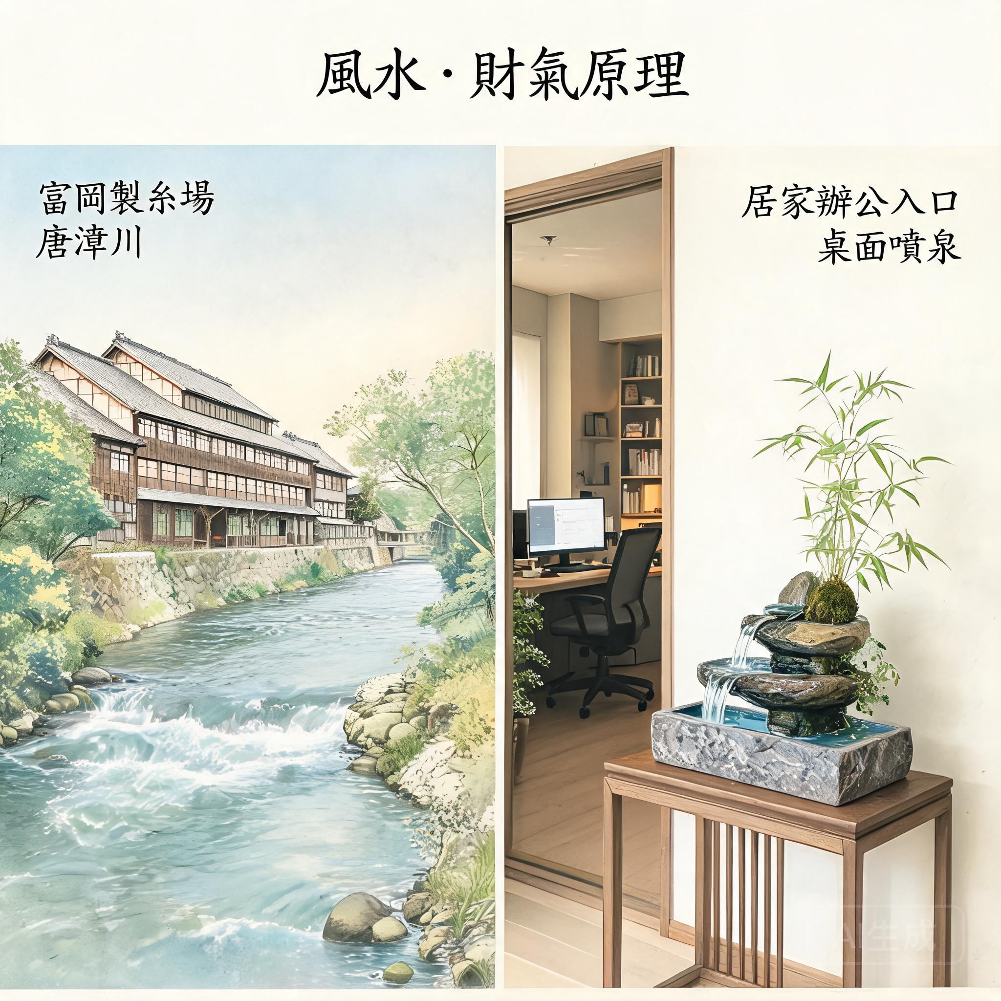 富岡製絲廠旁的烏川與擺放在居家辦公室入口旁的小型桌面噴泉對照圖，說明財氣原則
