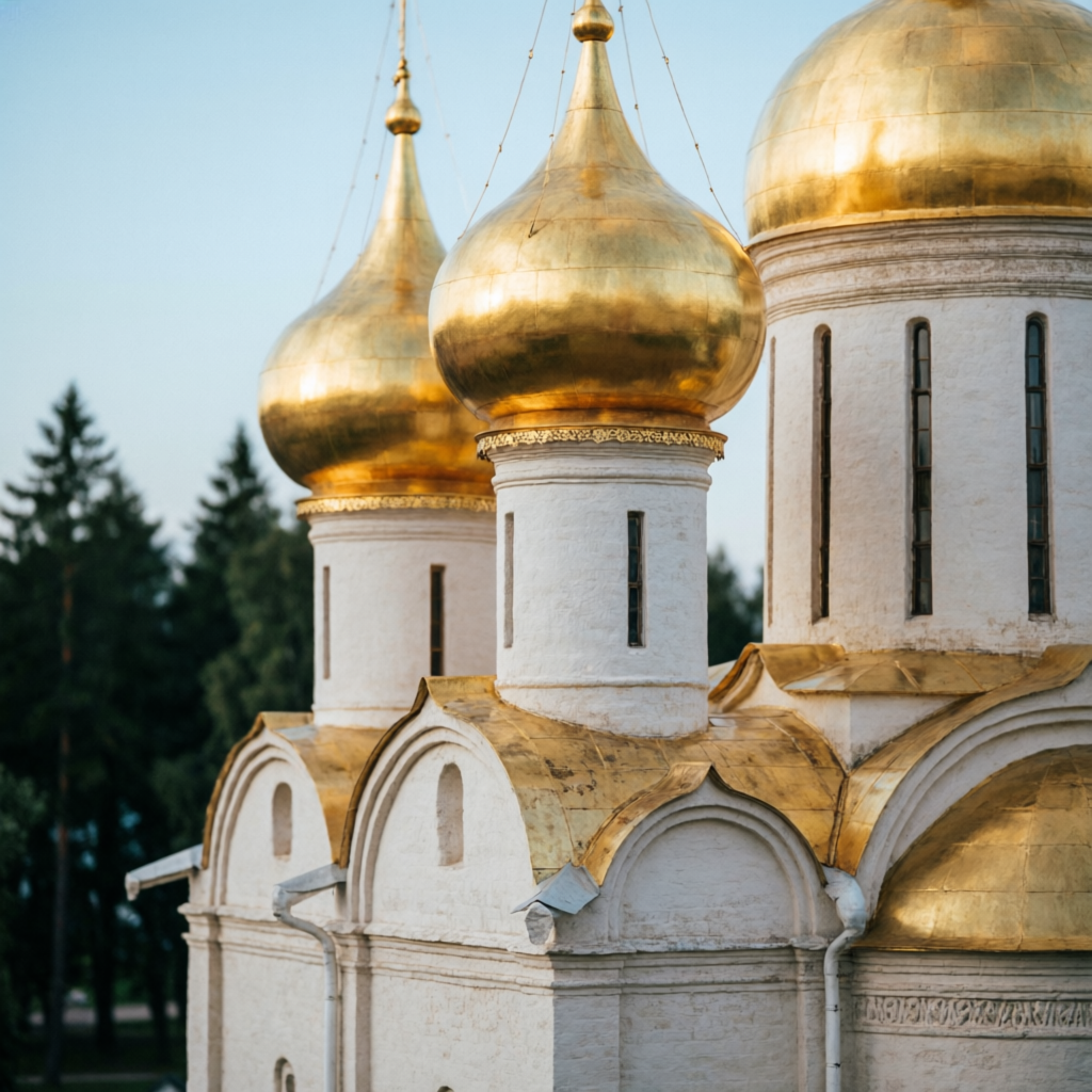 Close-up of the Trinity Sergius Lavra’s golden domes and white stone walls, showing fire element (gold) and metal element (white) balance in Feng Shui design