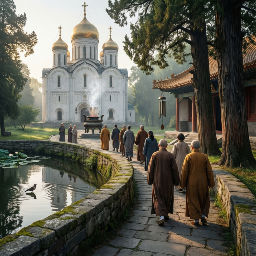 Pilgrims walking through the central courtyard of the Trinity Sergius Lavra, demonstrating energy flow and spiritual activity within a harmonized space