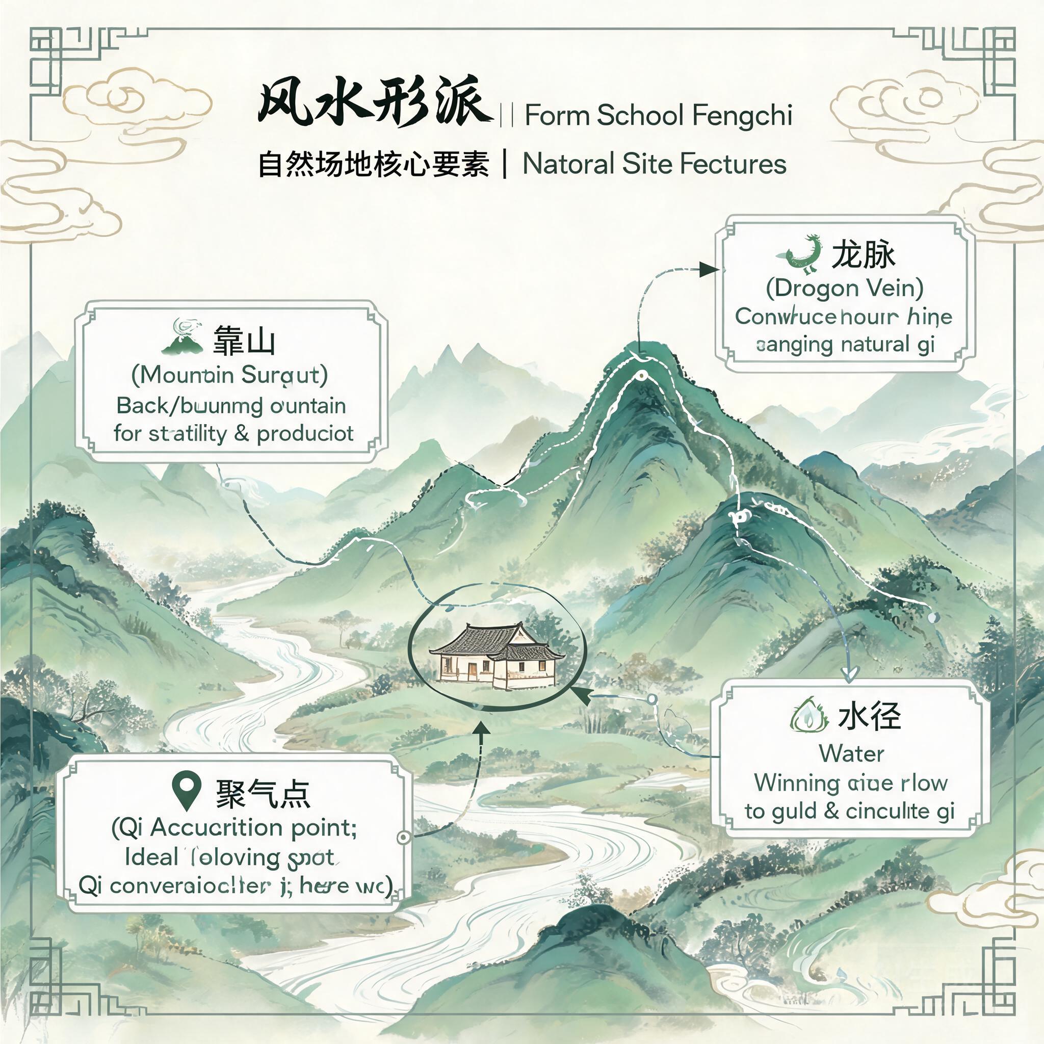 圖解自然場域形勢派風水的核心要素：靠山、水路、龍脈、聚氣點