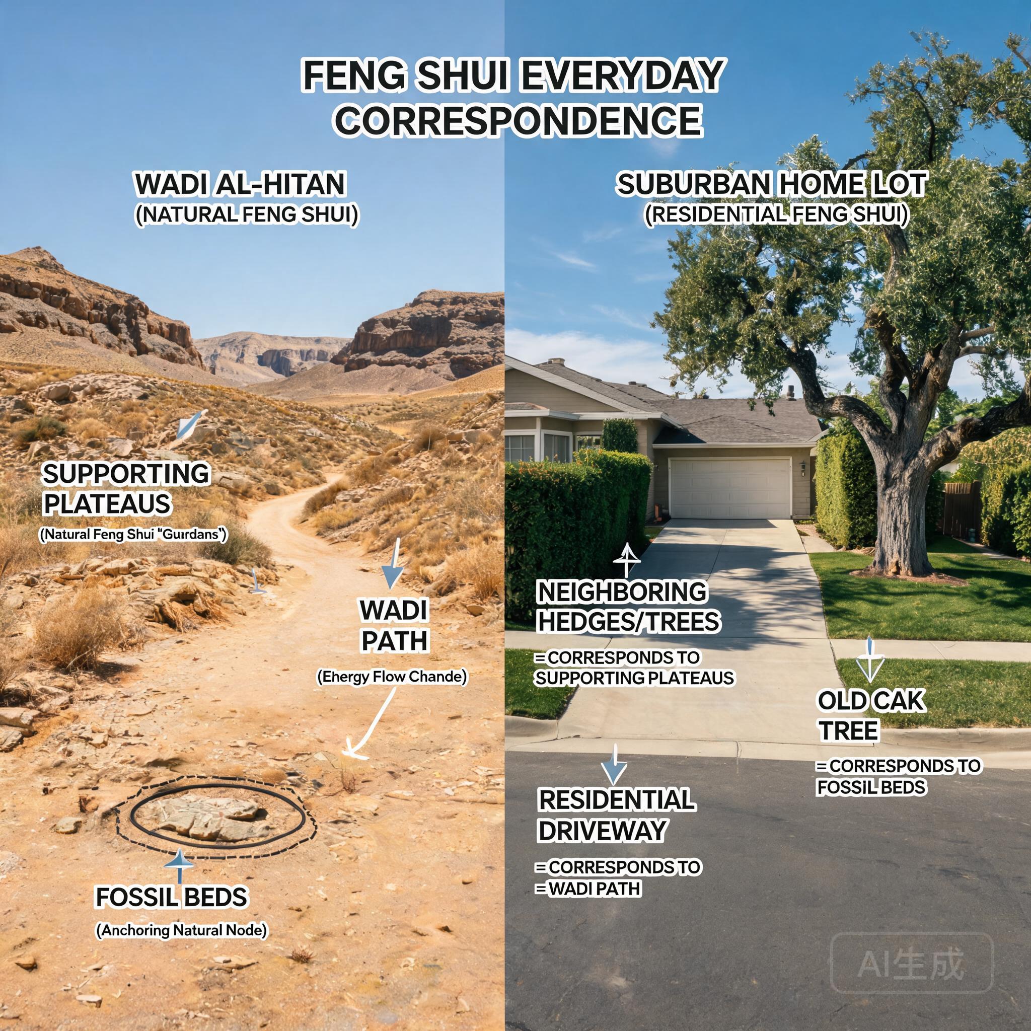瓦迪阿爾希坦地勢格局與典型郊區住宅地的對照圖，標註對應的風水特徵（支撐高原＝鄰近樹木/樹籬、乾谷路徑＝住宅車道、化石層＝基地上的老橡樹）