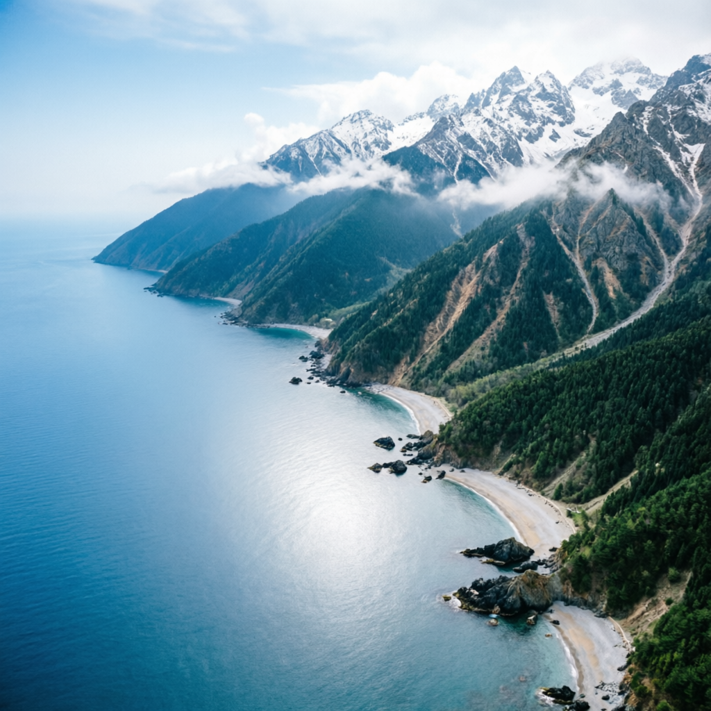 俯瞰大高加索山脈與黑海海岸交會的空中視圖