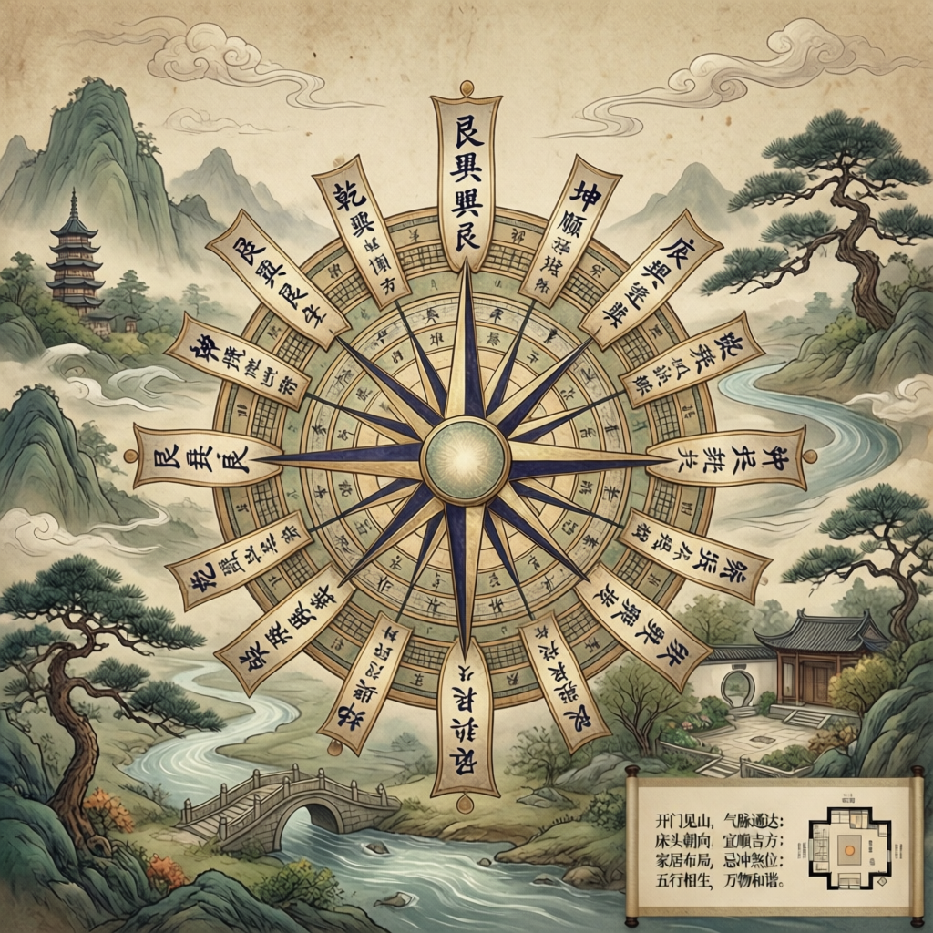 顯示24座山脈與當地地標的羅盤玫瑰