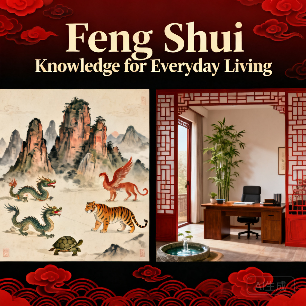 Side-by-side comparison shot of Wulingyuan&rsquo;s 4 Celestial Animals alignment and a small home office layout that replicates the same structure, with a tall plant behind the desk, small water feature to the east, and clear entry to the room
