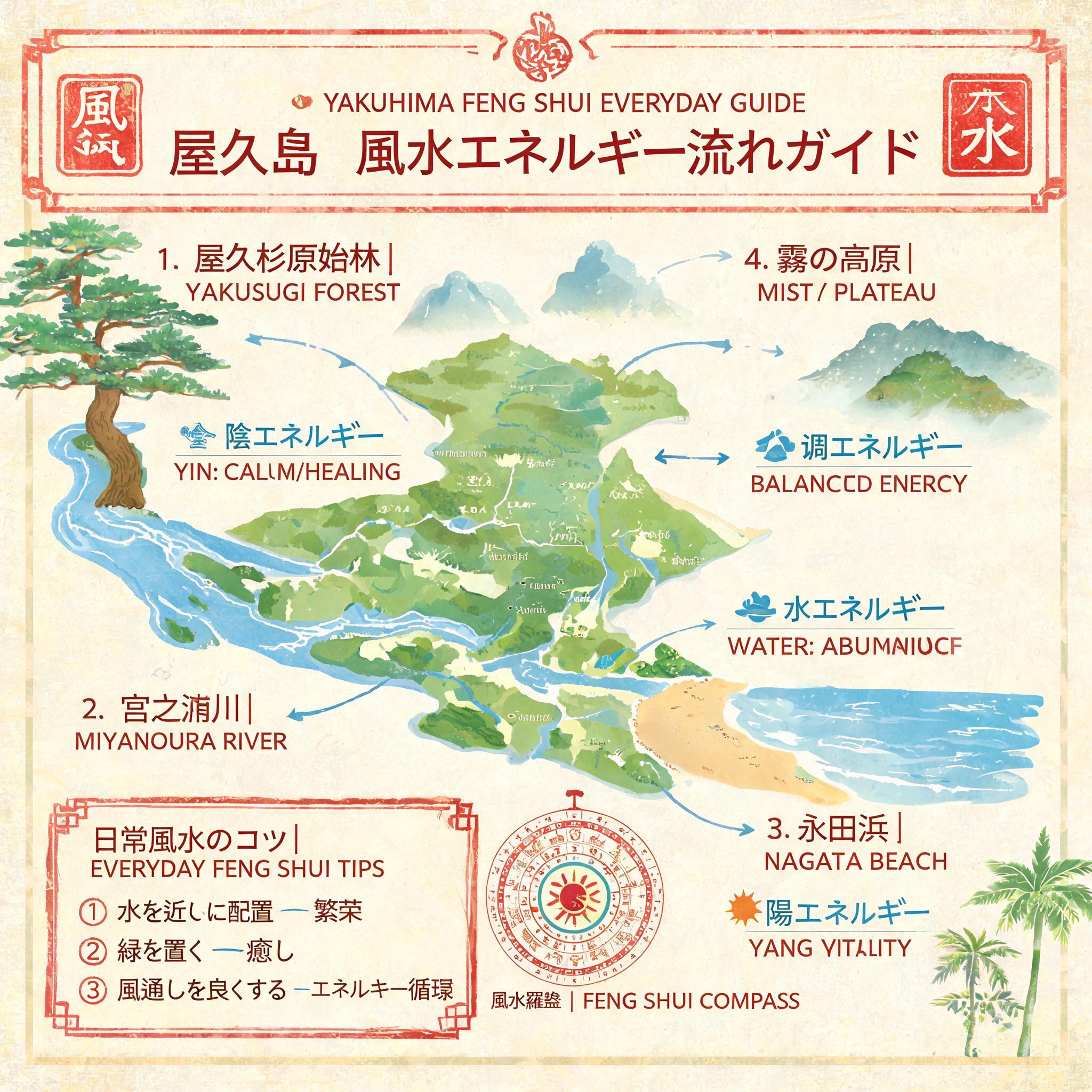 日常風水知識插圖：屋久島風水分析完整地標能量流動指南