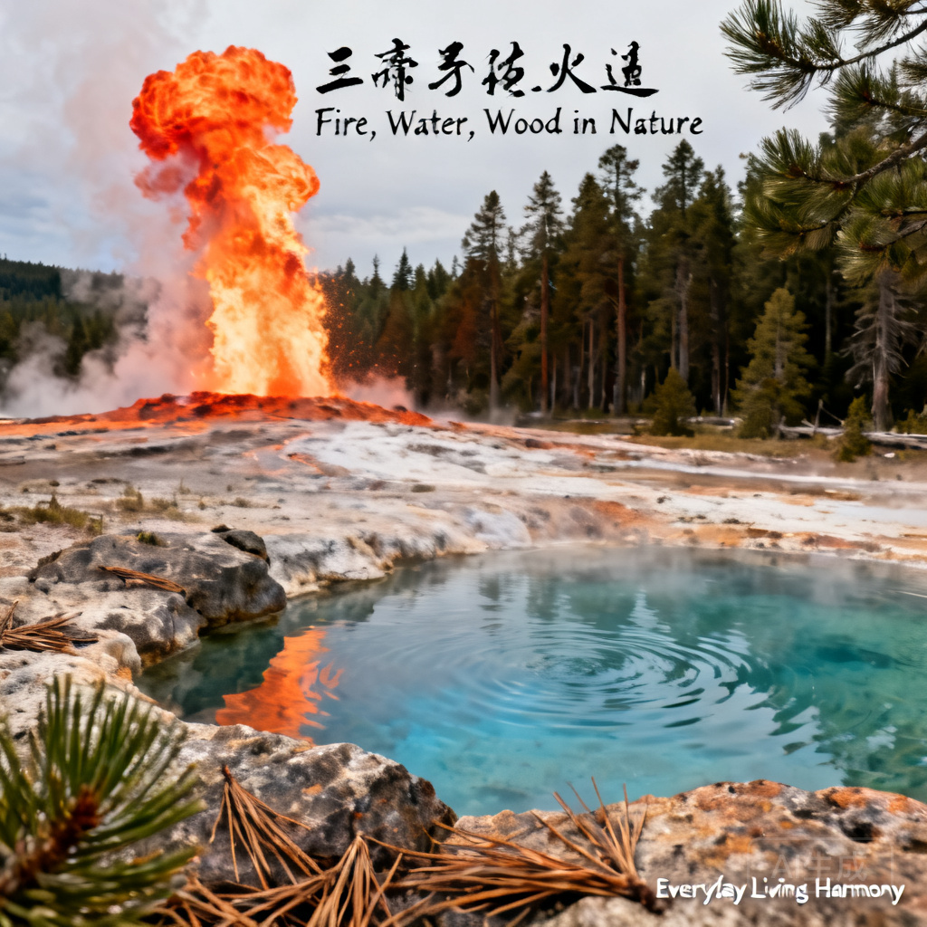老忠實間歇泉在松樹林與溫泉池旁噴發的近景，呈現火、水、木元素的平衡